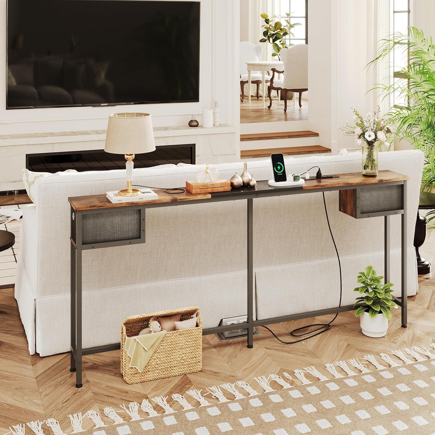 VASAGLE Narrow Console Table 70.9" with 2 Outlet and 2 USB Ports Sofa Table with Charging Station Long Entryway Table