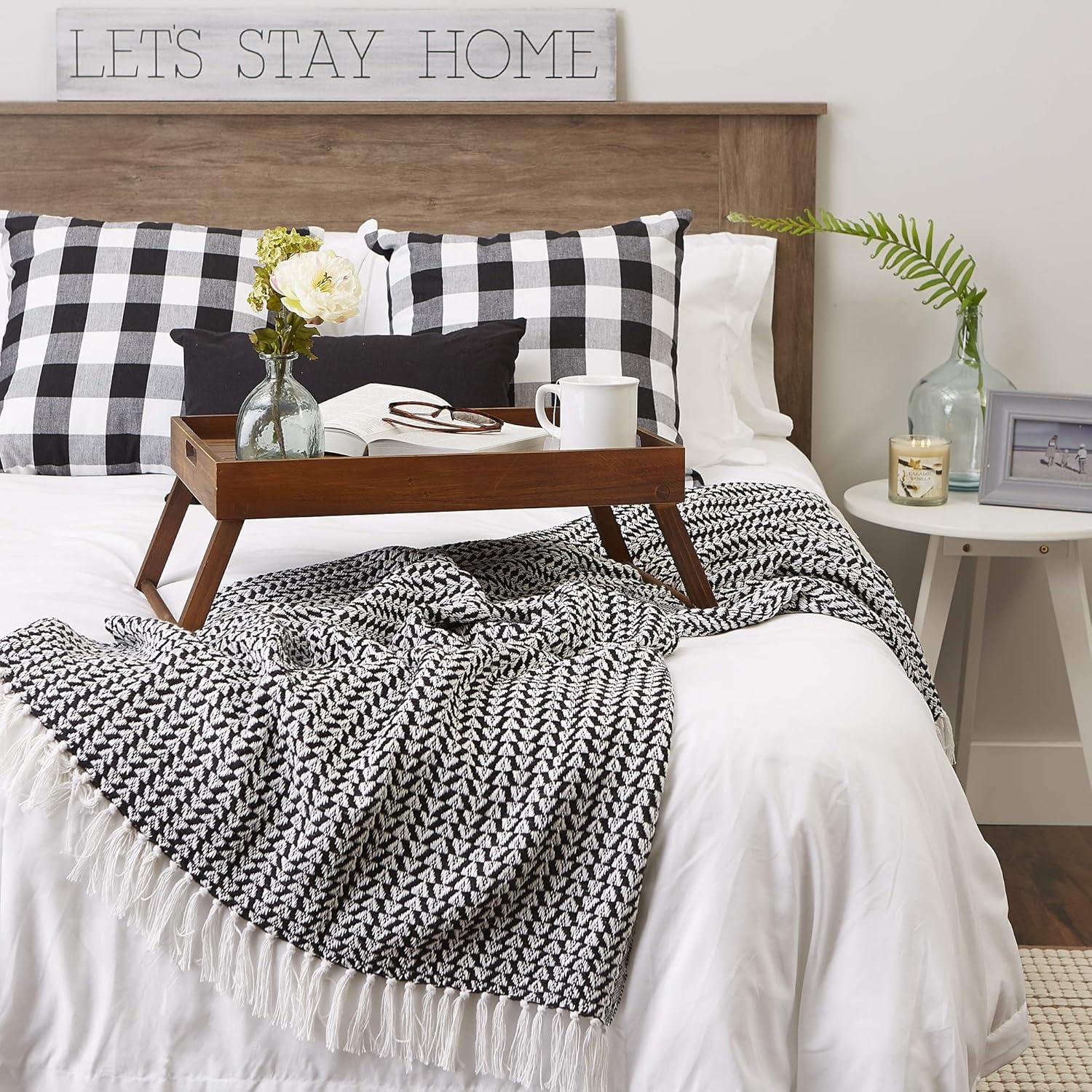 Black and White Cotton Woven Throw Blanket with Fringe