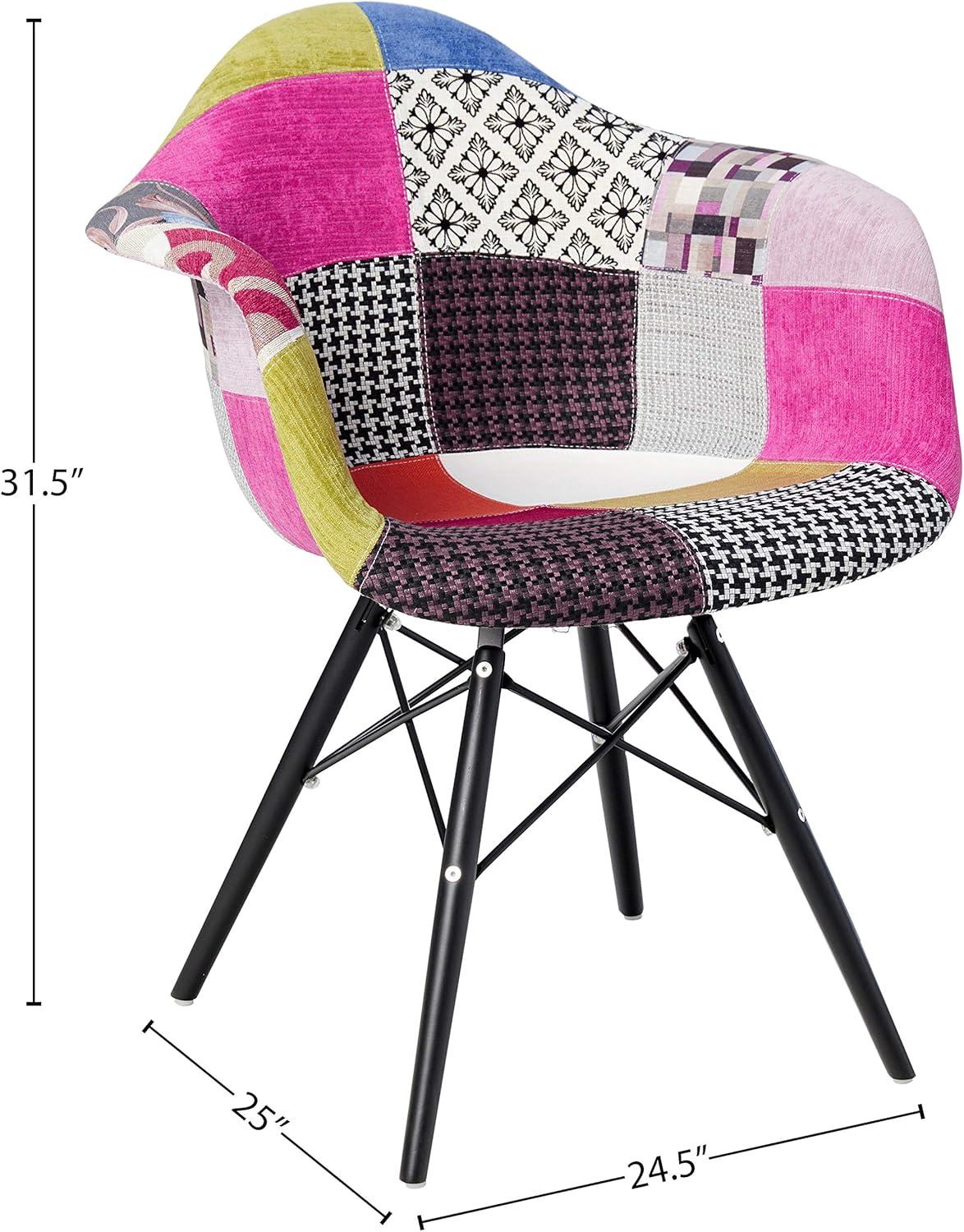 Patchwork Upholstered Dining Arm Chair with Black Wood Legs