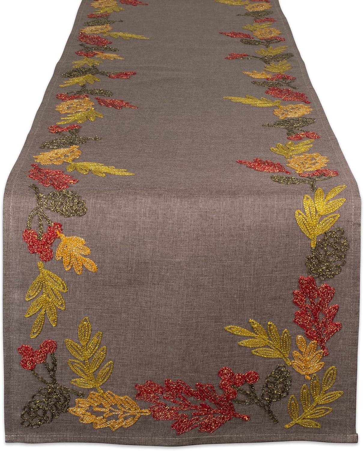 Shimmering Leaves Embroidered Fall Table Runner, 14x108"