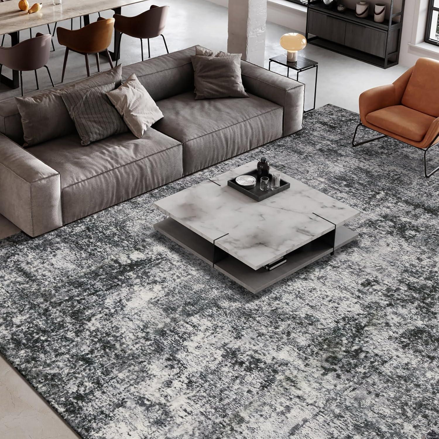 Gray Abstract Washable 9' x 12' Synthetic Area Rug