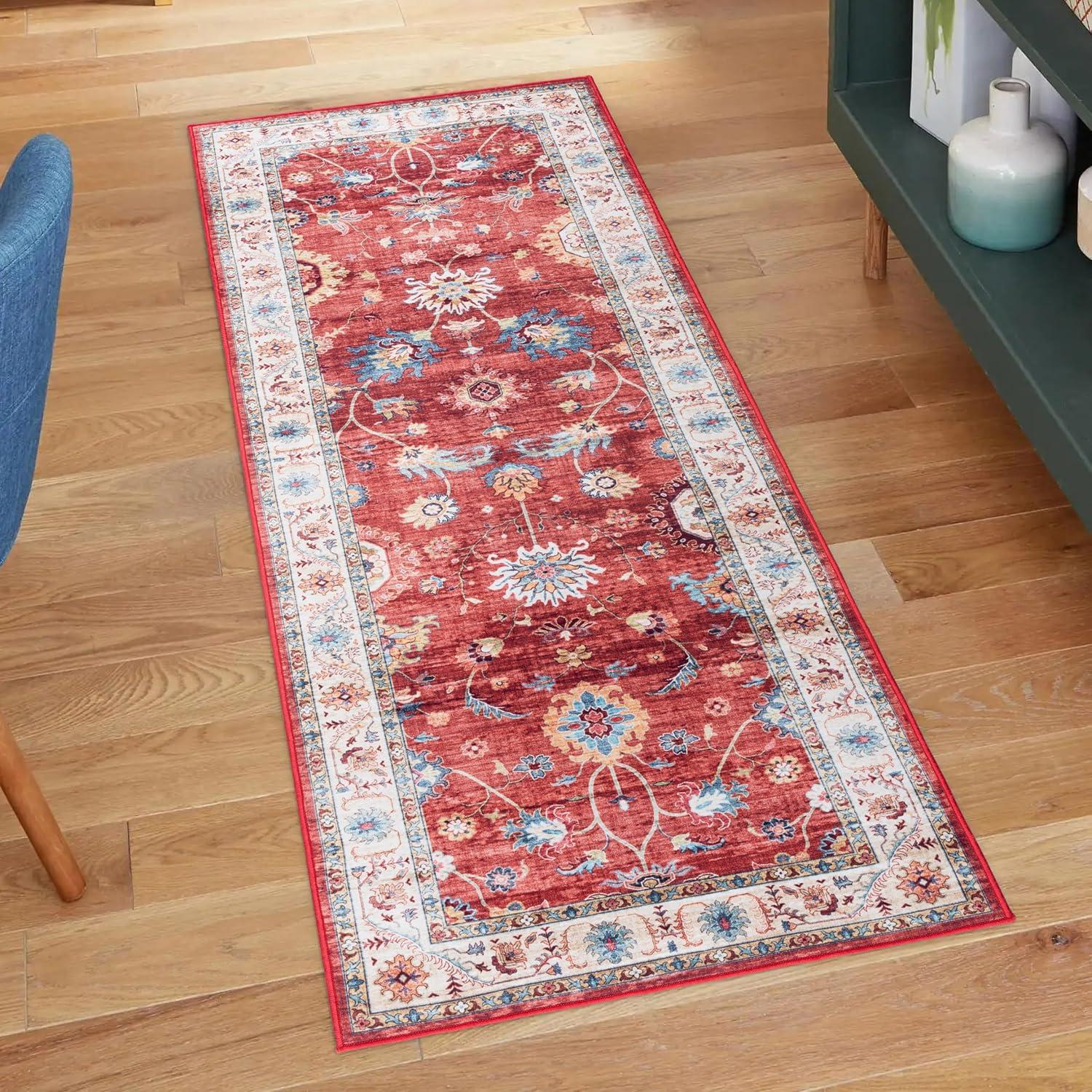 Gertmenian Crystal Print Cullen Red Cream Multi Traditional Transitional Casual Floral Washable Digital Print Indoor Area Rug