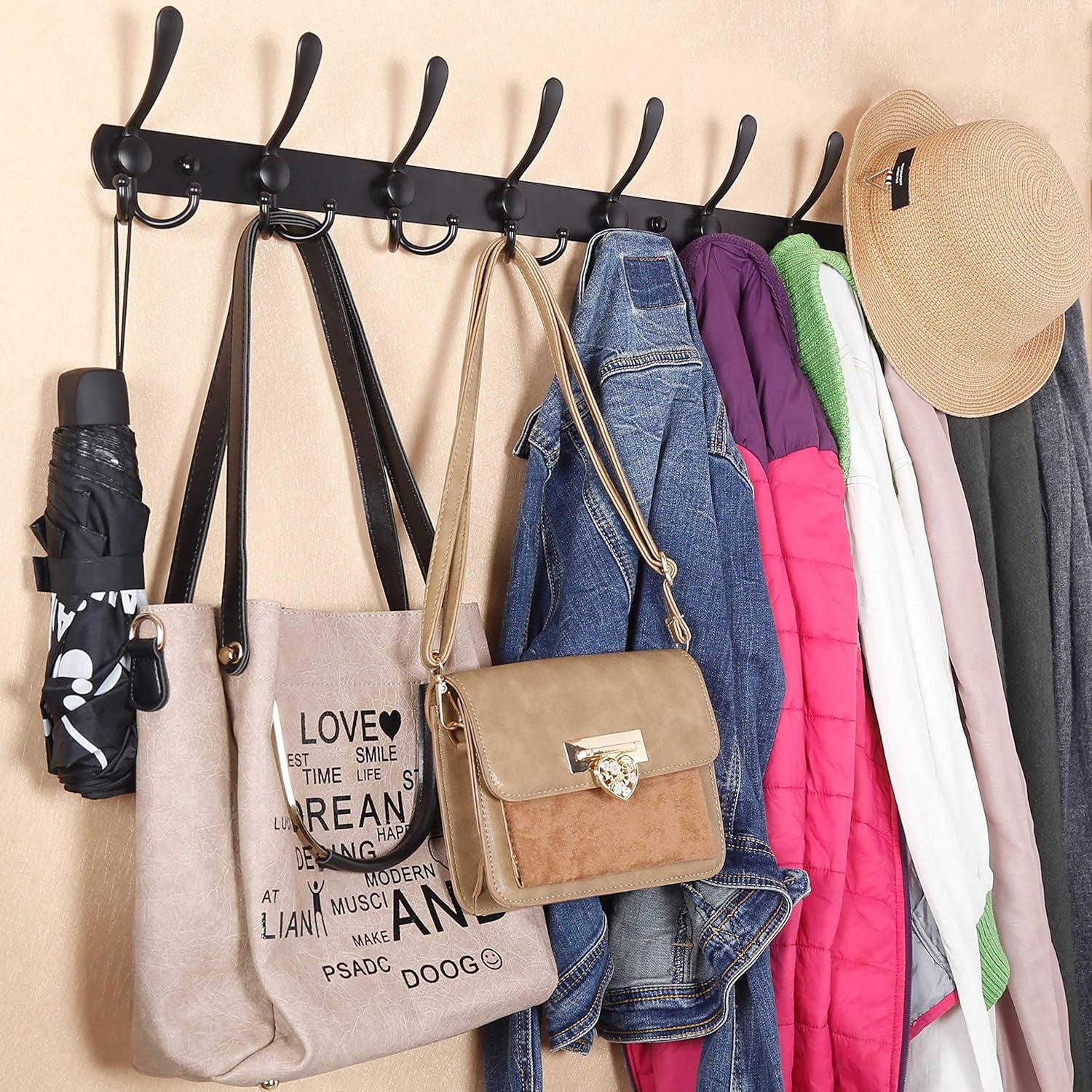 Black Wall Mounted Coat Rack with 5 Tri Hooks