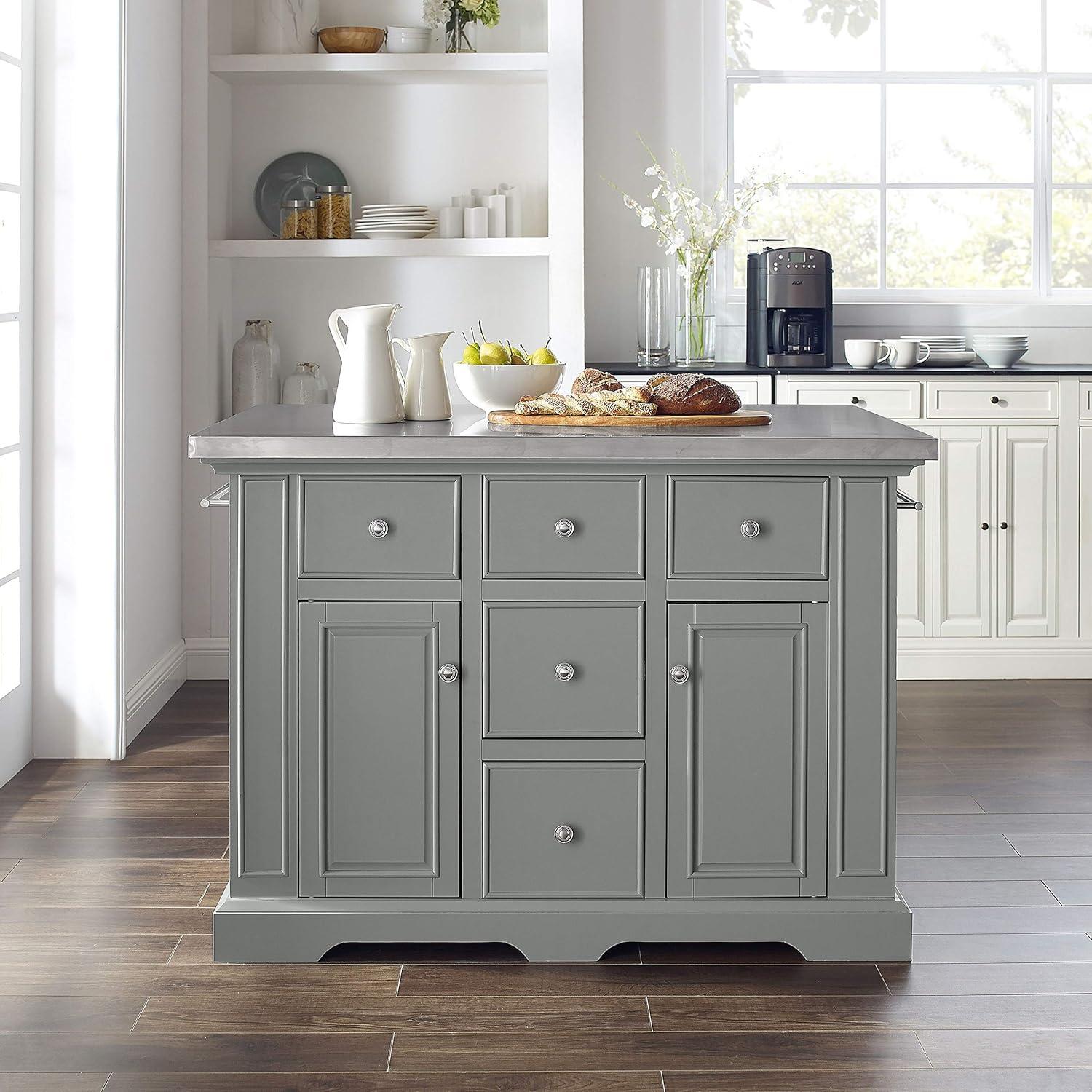 Julia Gray Stainless Steel Top Kitchen Island with Storage