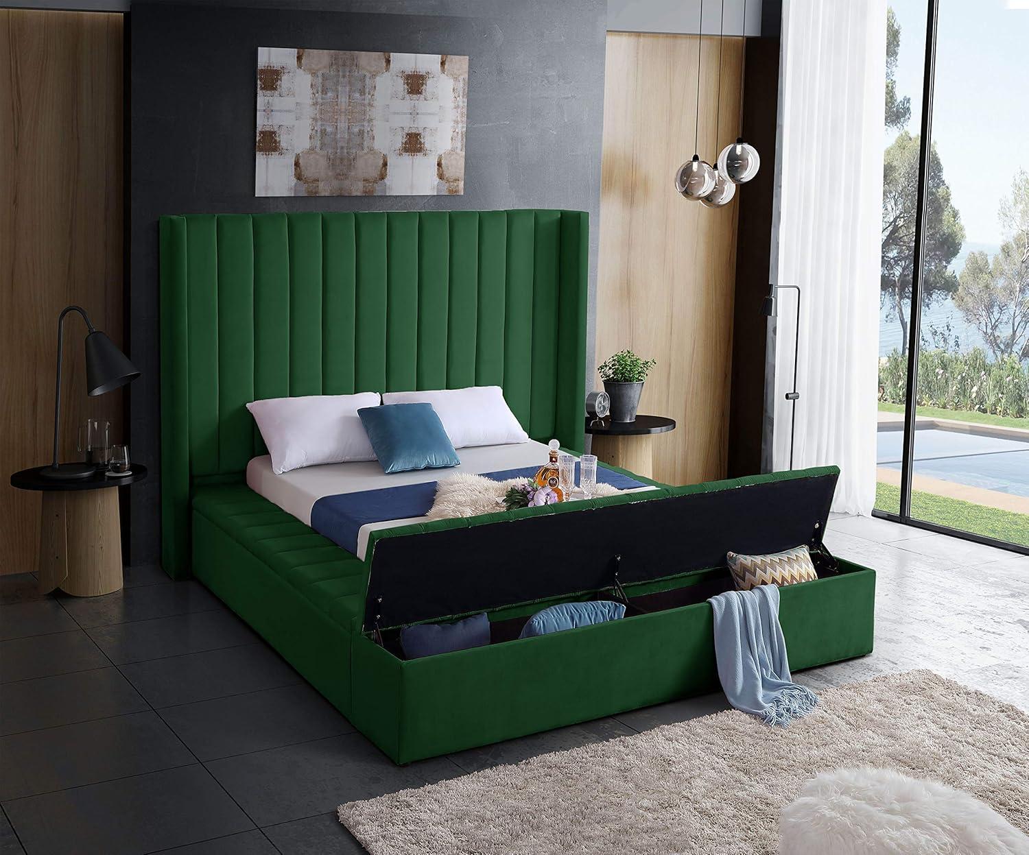 Meridian Furniture Kiki Solid Wood and Velvet Queen Bed in Green