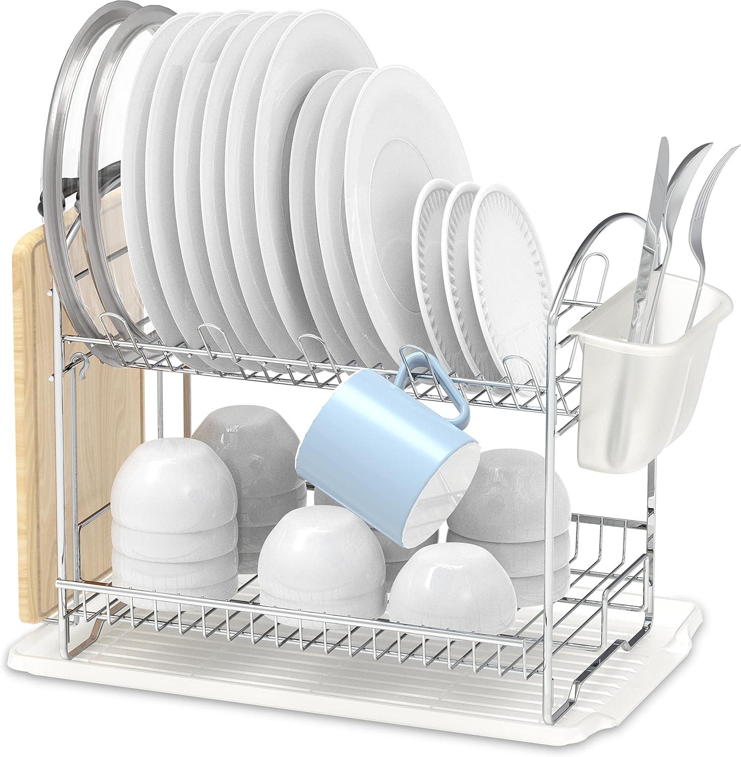 Simple Houseware 2-Tier Dish Rack with Drainboard, Chrome