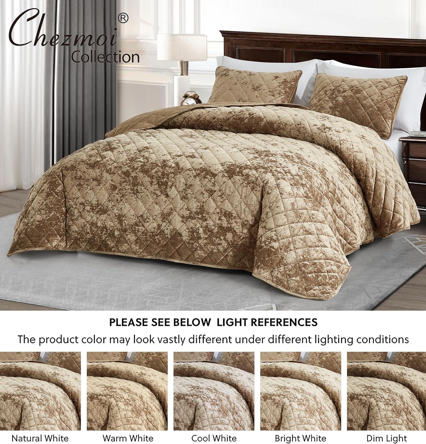 Chezmoi Collection Lux Tan Velvet Quilt Queen Set, 3-Piece Lush Plush Distressed Velvet Bedding All Season Lightweight Comforter Brushed Microfiber Reverse with Diamond Stitch Quilting