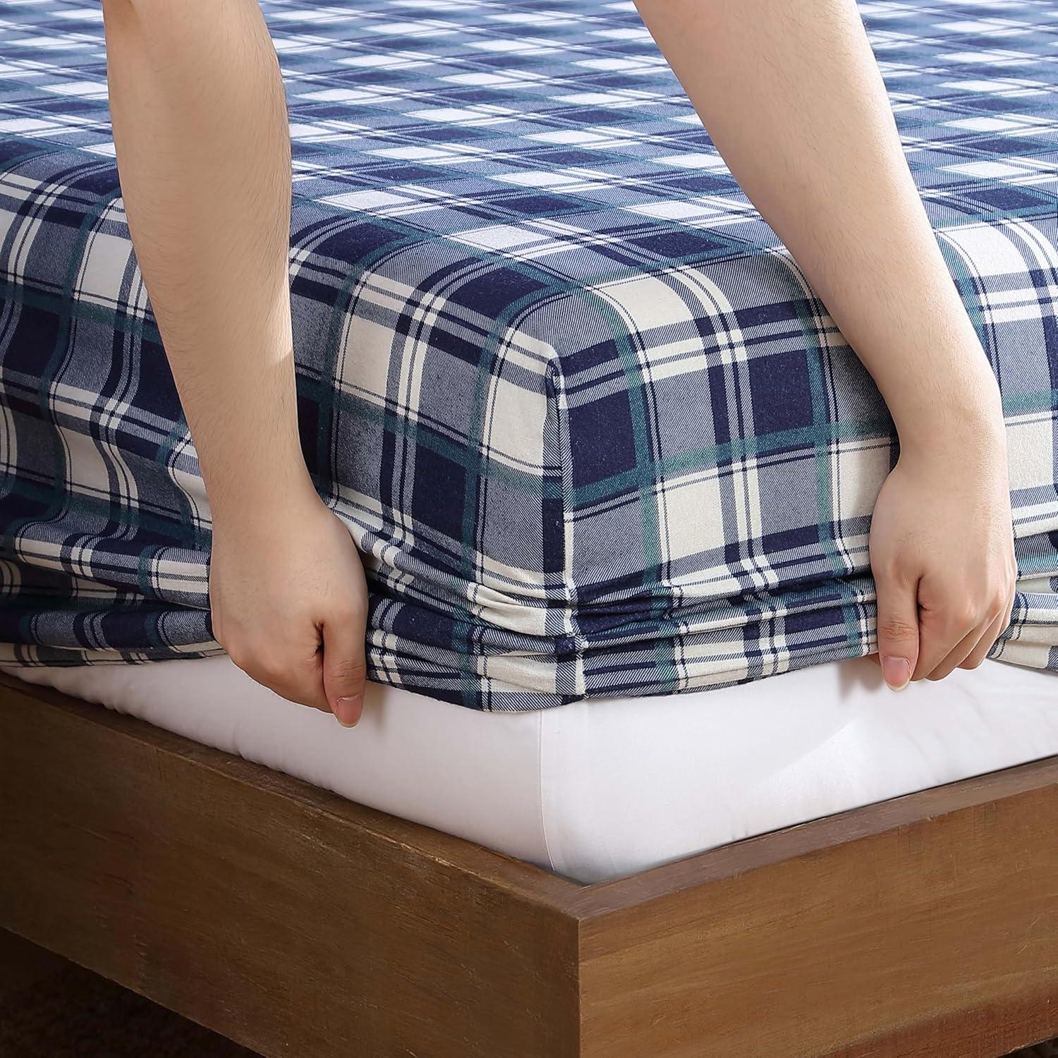 Winter Nights Cotton Flannel Sheet Set, Queen, Navy Plaid