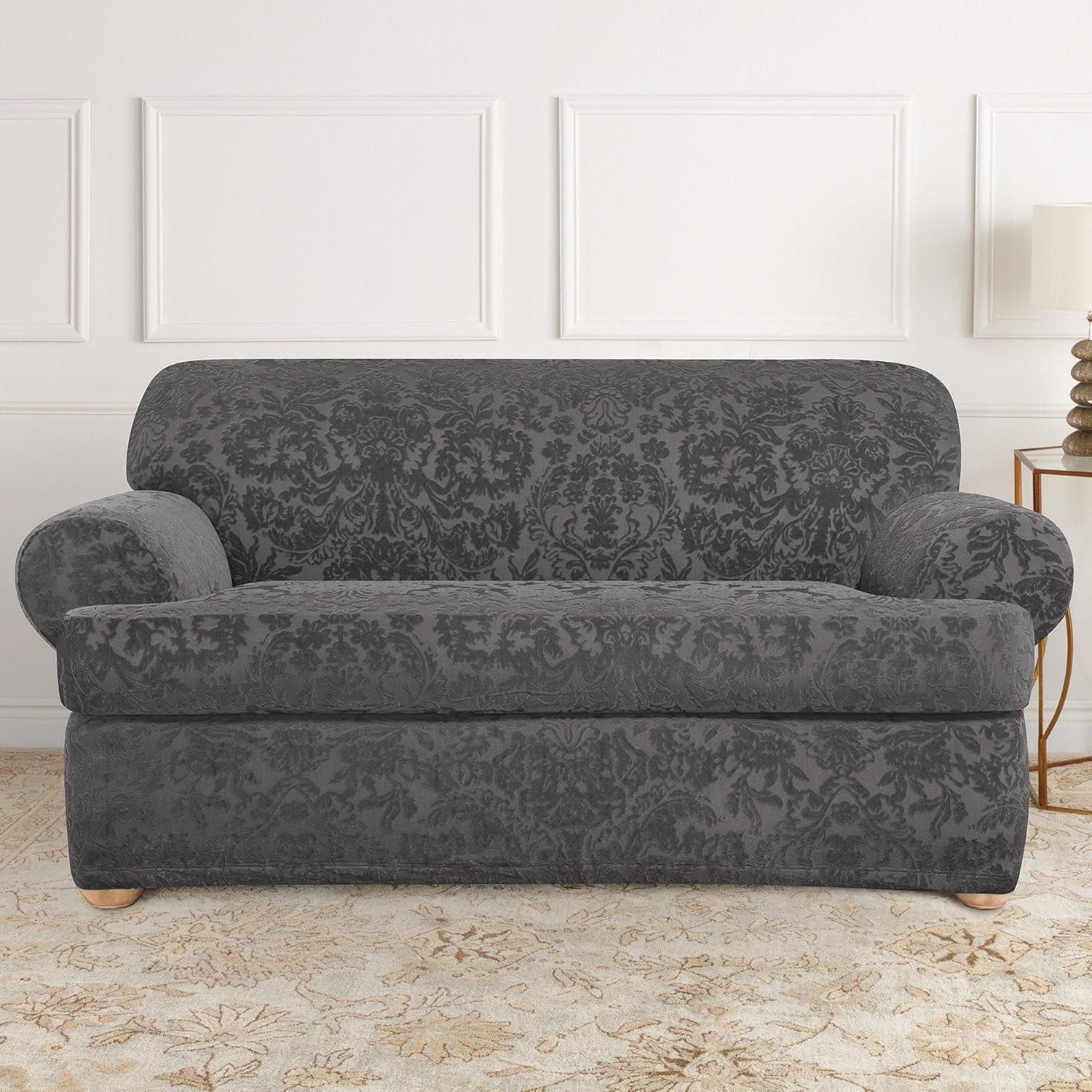 Gray Polyester Stretch T-Cushion Loveseat Slipcover