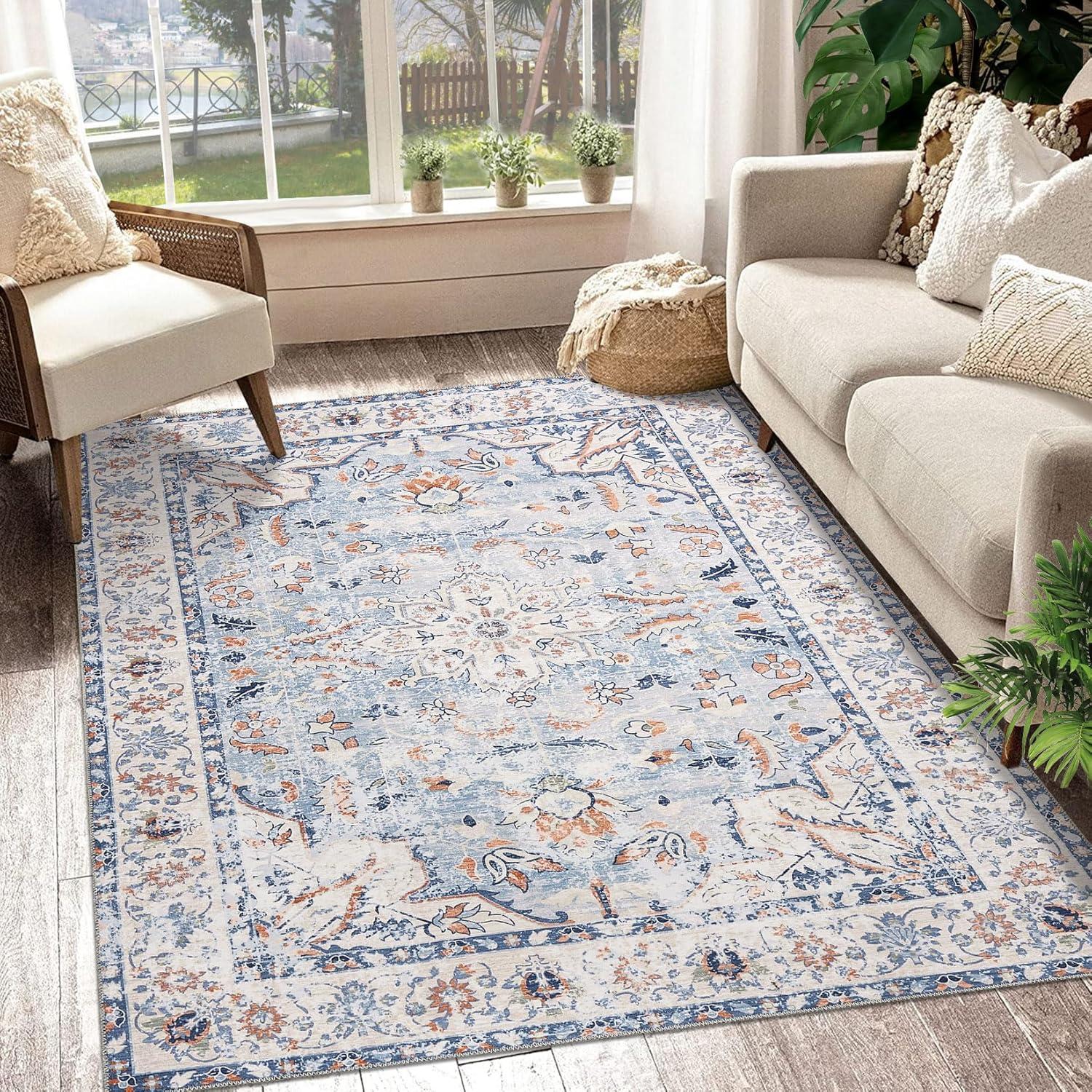9x12 Area Rug Vintage Medallion Distressed Rug Machine Washable Area Rugs for Living Room Non-Slip Stain Resistant Accent Rug, Blue