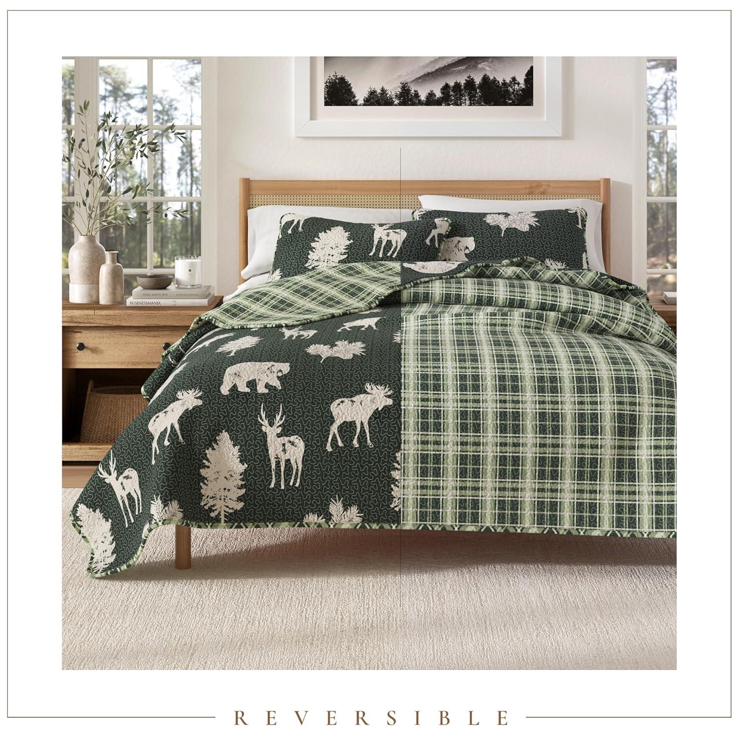 FreshFolds Forest Green Nature Quilt Set Reversible Plaid Quilt Set with Shams