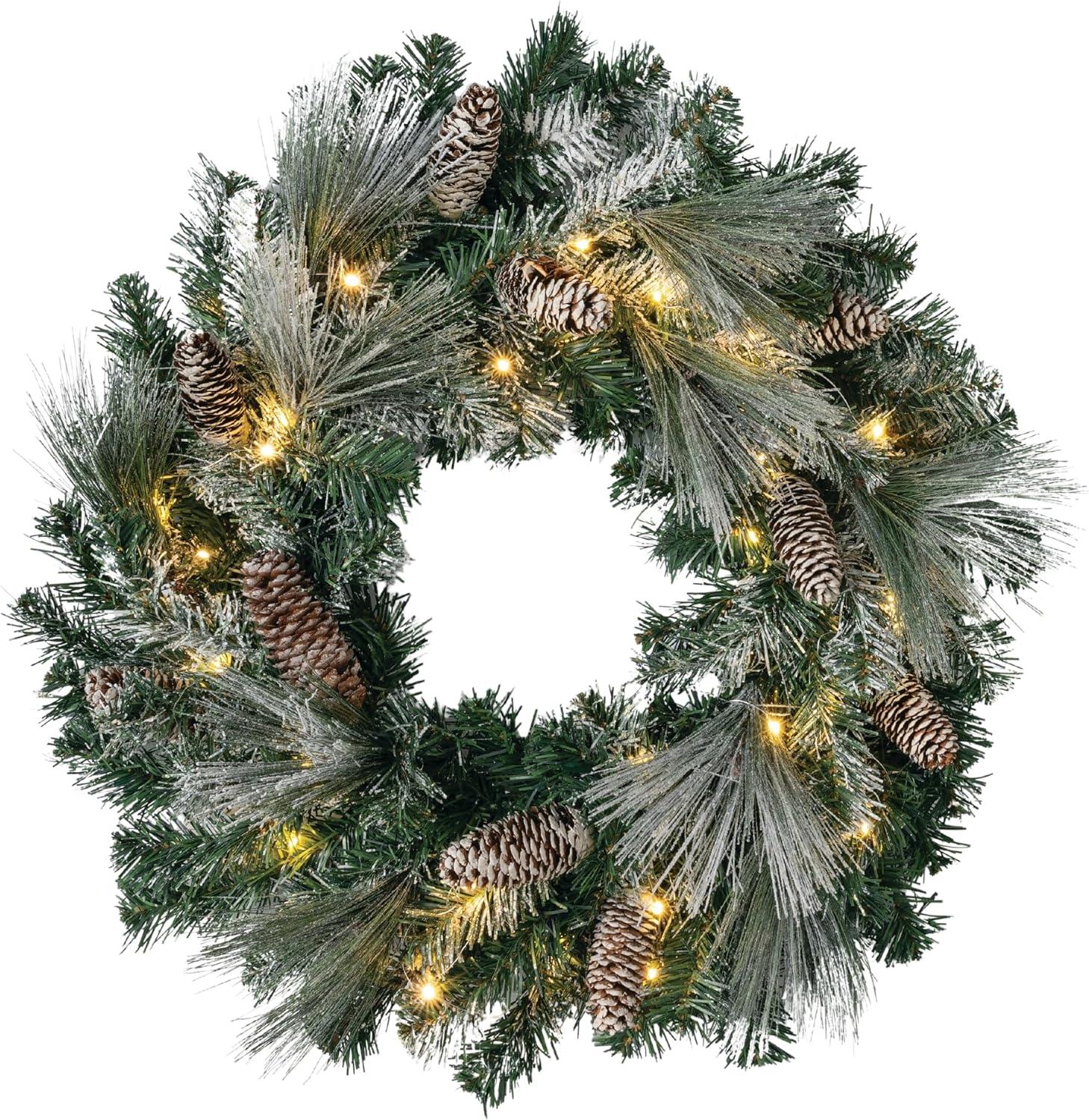 24-Inch Pre-Lit Flocked Pine Christmas Wreath with Pinecones and Gold Accents