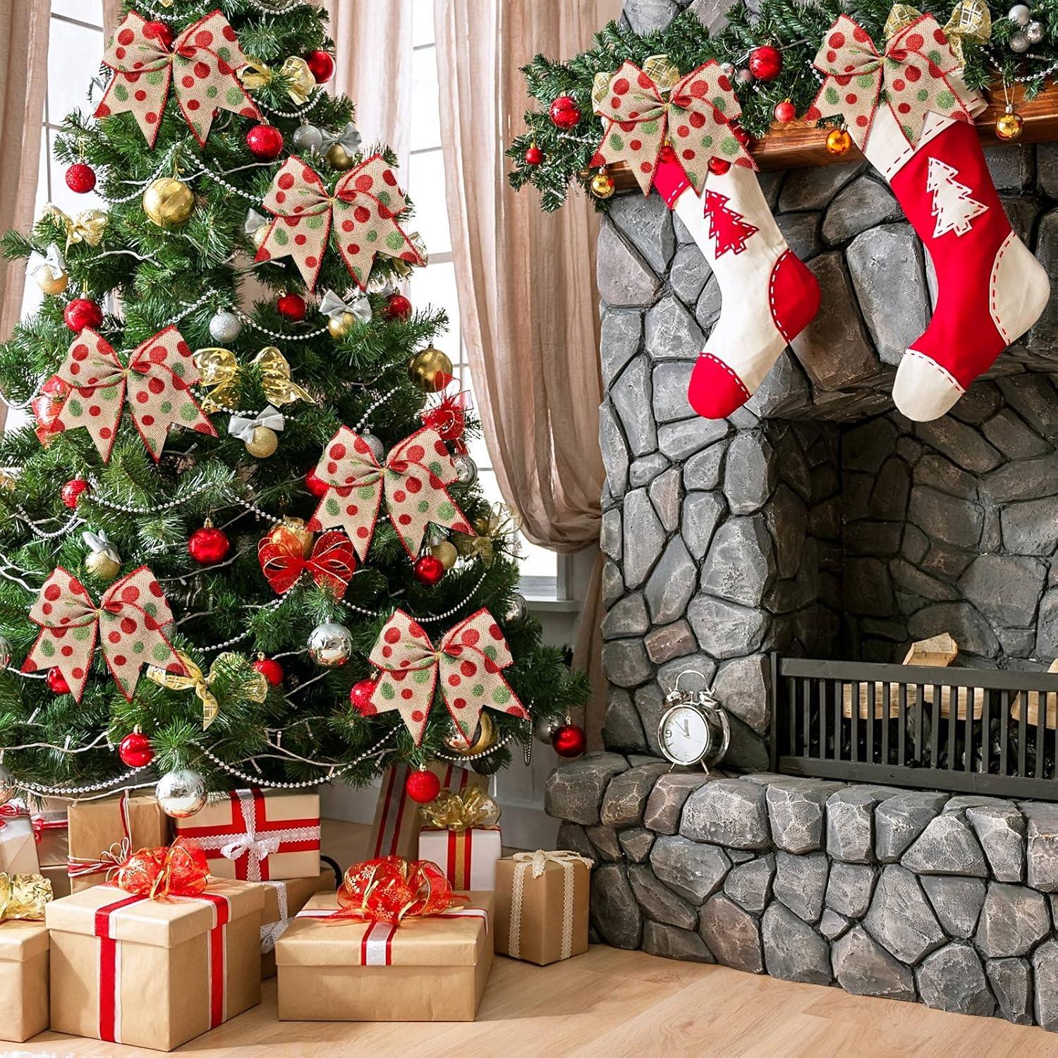 Sandistore Cute Cars 12pcs Christmas Tree Bows Ornaments 6 Inch Large Christmas Wreath Bows Red Green Xmas Tree Bows Christmas Glitter Dot Bows Ribbons Decoration For Garland Diamonds for Crafts