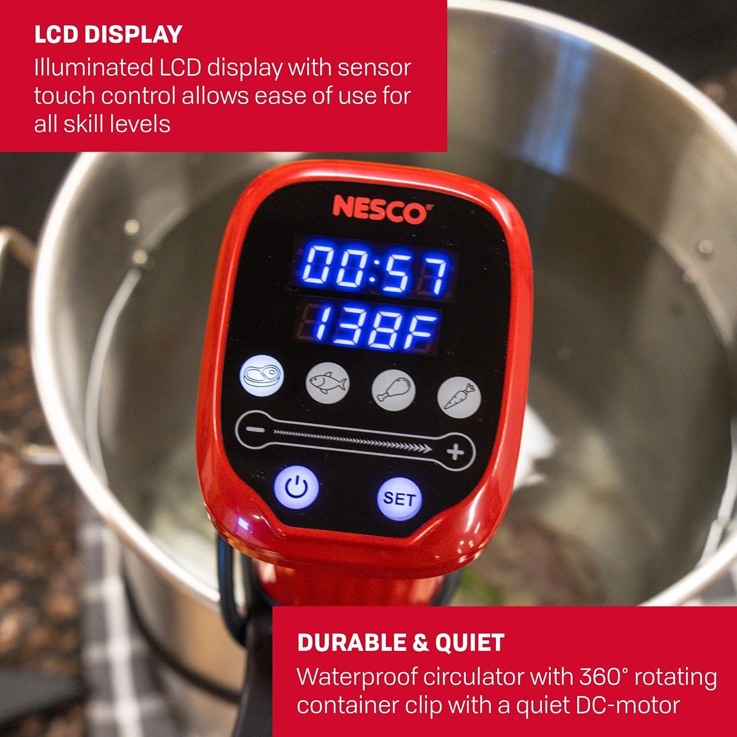 Nesco SVC-1000 Sous Vide Precision Cooker with Digital Display and Pre-Programmed Cooking Options for Meat, Fish, Chicken and Vegetables, 1000 Watts, Red and Black