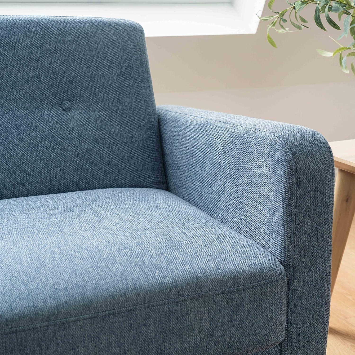 Mellow Adair Mid-Century Modern Sofa Couch with Armrest Pockets, Tufted Linen Fabric, Heather Blue