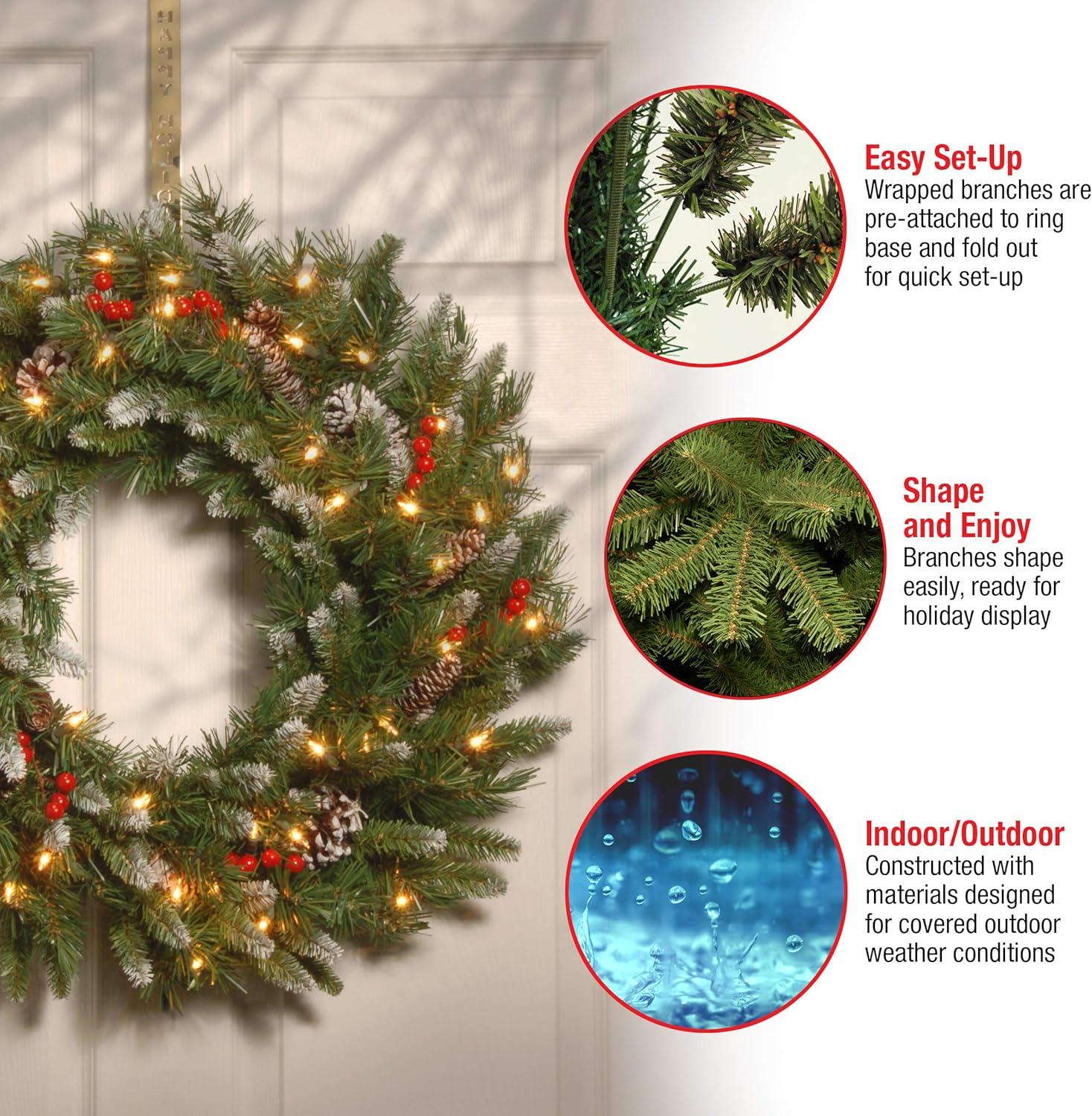 30" Prelit Flocked Christmas Wreath with Berries and Pinecones White Lights - National Tree Company