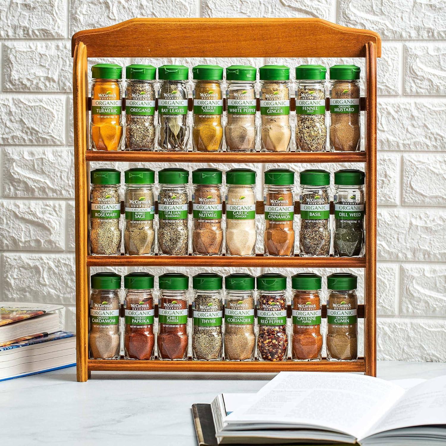 Three Tier Wood 24 Piece Organic Spice Rack Organizer with Spices Included, 27.6 oz