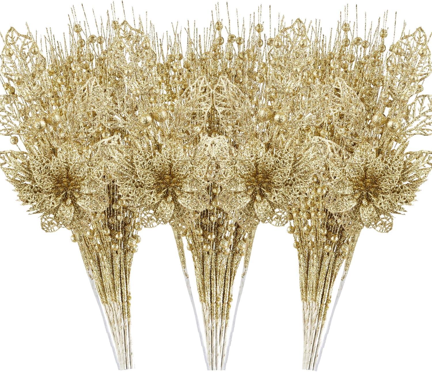 24 Pack Christmas Tree Ornaments - Artificial Flowers Glitter Berry Stems Christmas Floral Picks Branches for Xmas Tree Decorations Vase Filler Holiday Wedding Party Home Decor (Gold)
