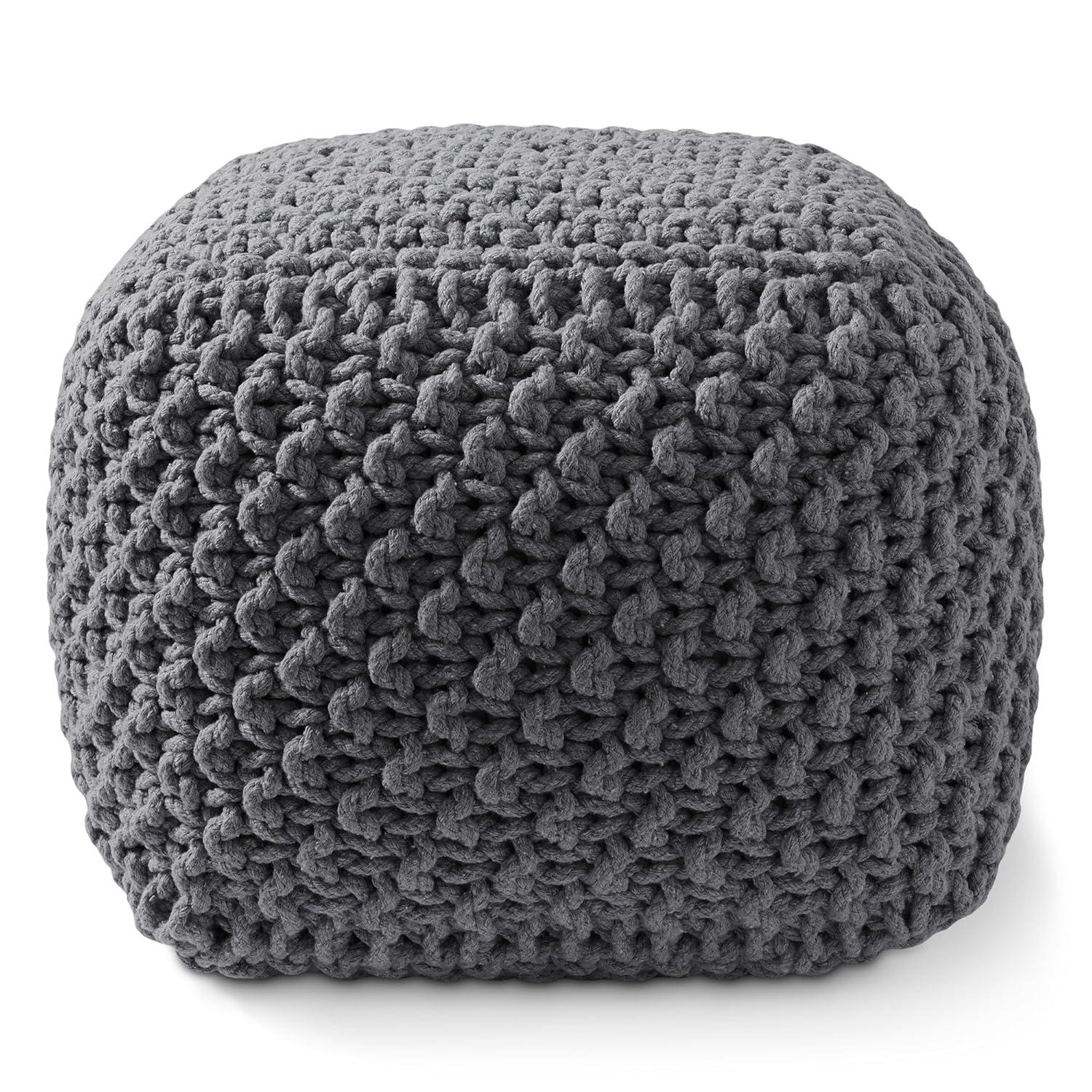Casafield Casafield Square Pouf Ottoman, Cotton Knit Upholstered Footrest - Black