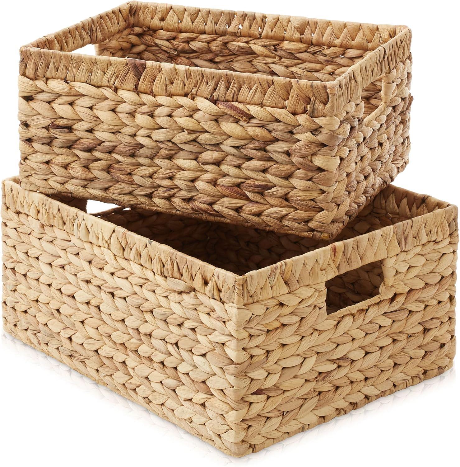 Casafield Water Hyacinth Storage Basket Set with Handles - Woven Organizers for Bathroom, Laundry, Pantry, Office, Shelves