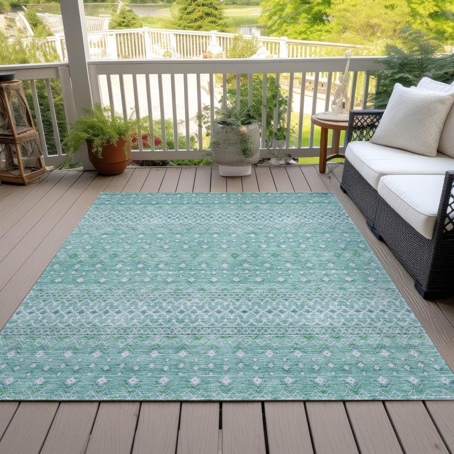 Aqua Bohemian Diamond Pattern Indoor Outdoor Area Rug