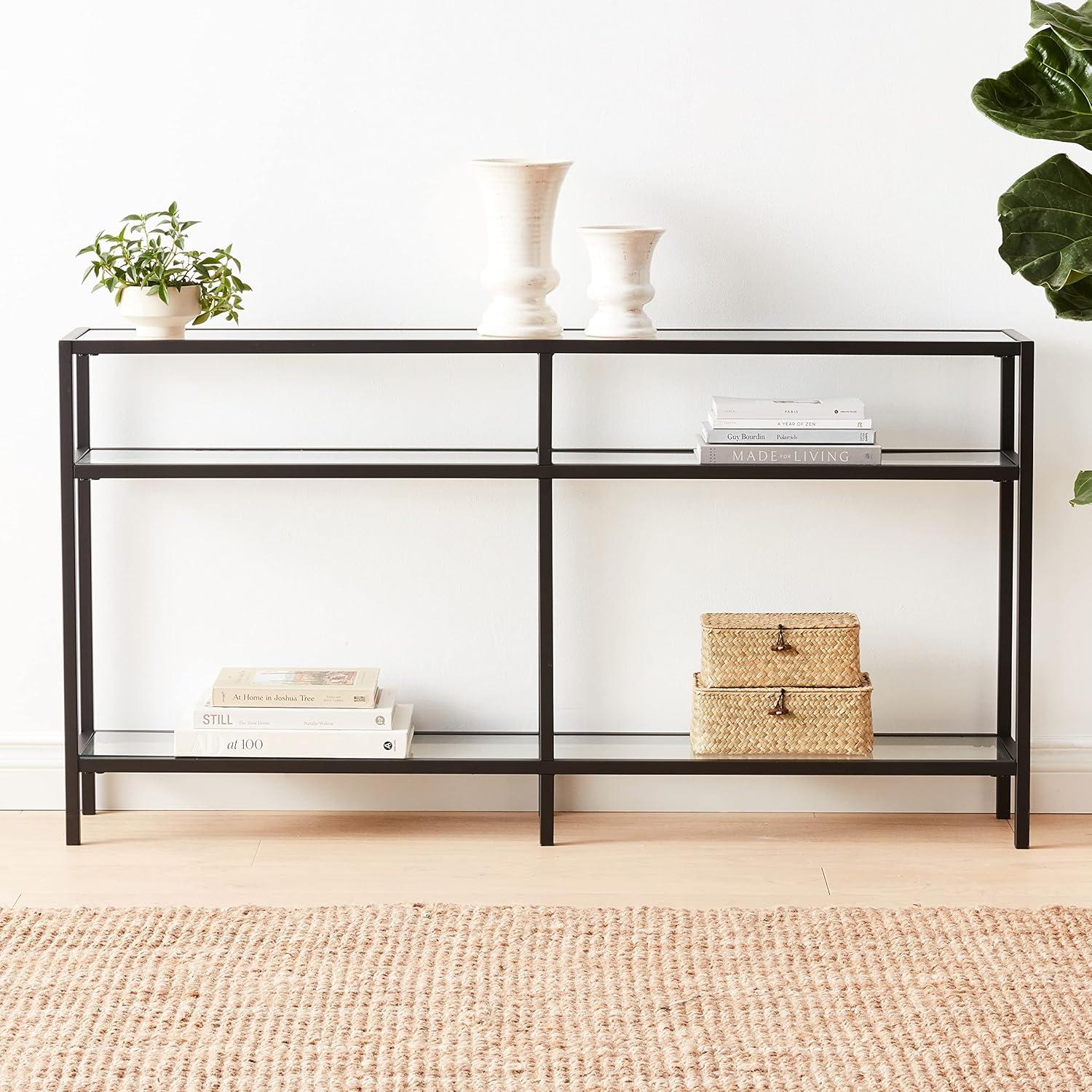 Sivil 55" Blackened Bronze and Black Metal Console Table with Glass Top