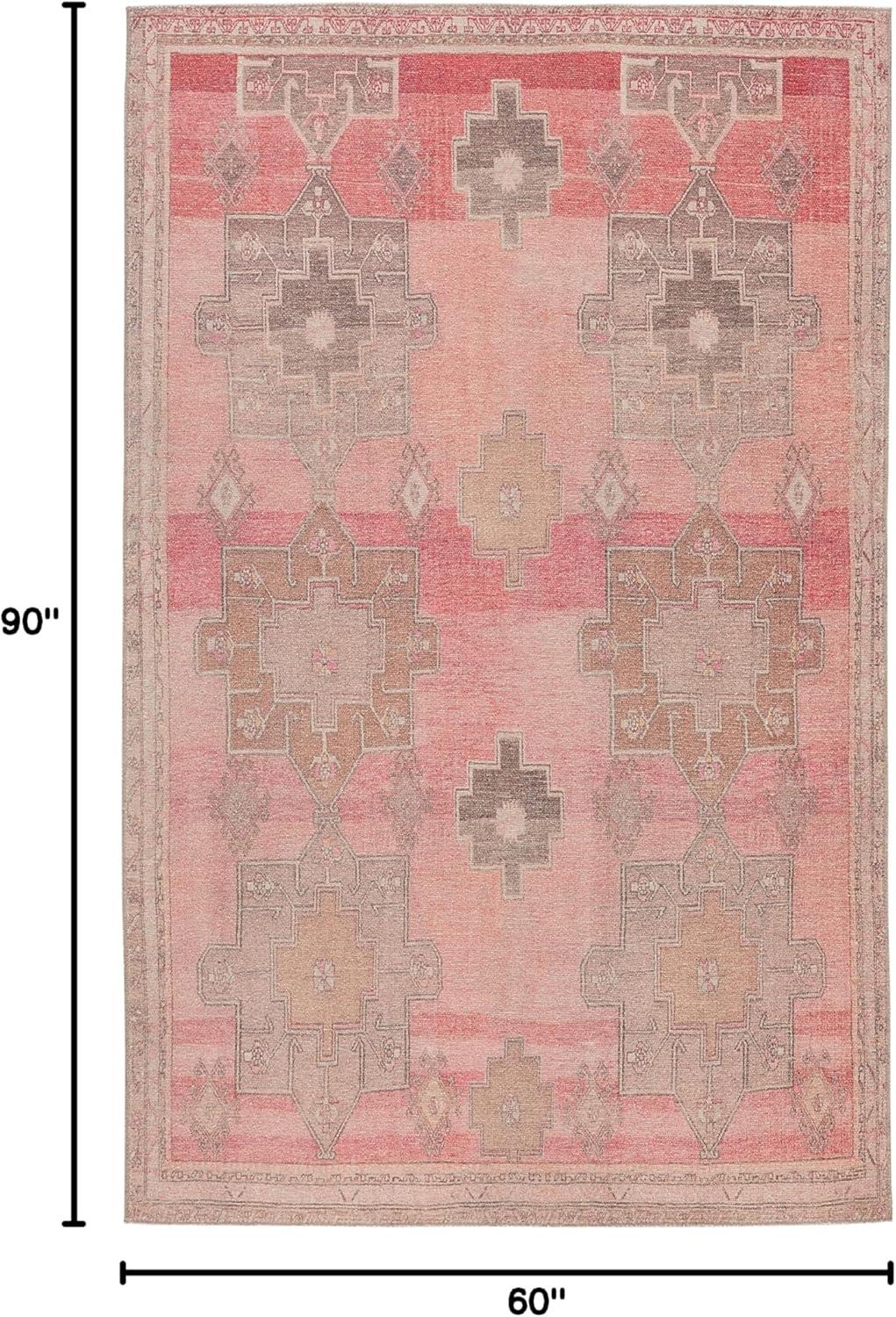 Gray and Pink Synthetic Medallion Rectangular Rug, 5' x 7'