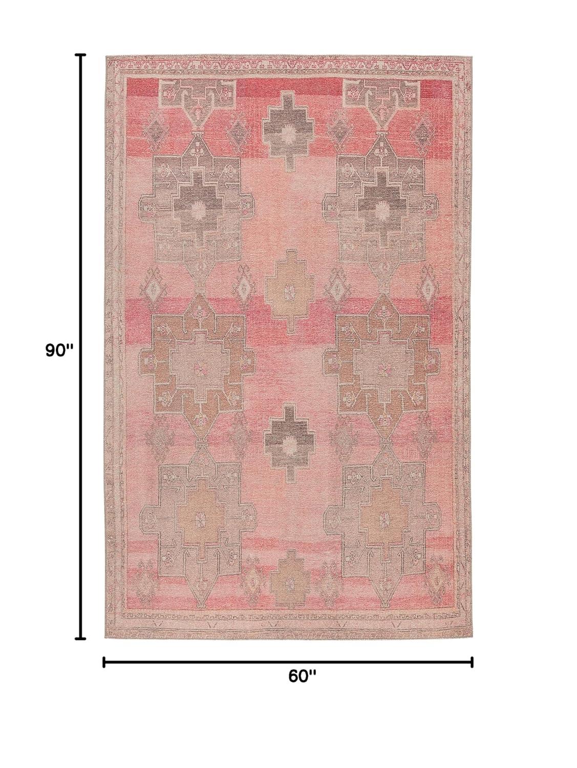 Gray and Pink Synthetic Medallion Rectangular Rug, 5' x 7'