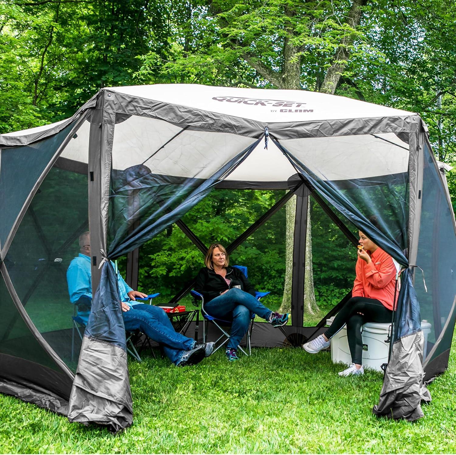 CLAM Quick-Set Escape 11.5 x 11.5 Ft Portable Pop-Up Outdoor Camping Screen Tent 6-Sided Canopy Shelter w/ Netting, Ground Stakes, & Carry Bag, Gray