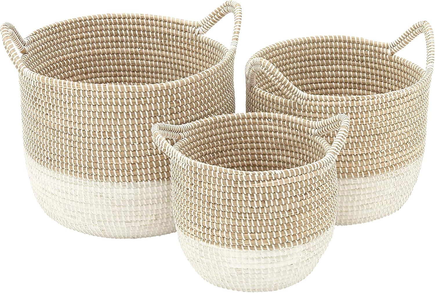 Cottage Charm White and Brown Seagrass Round Storage Baskets, Set of 3