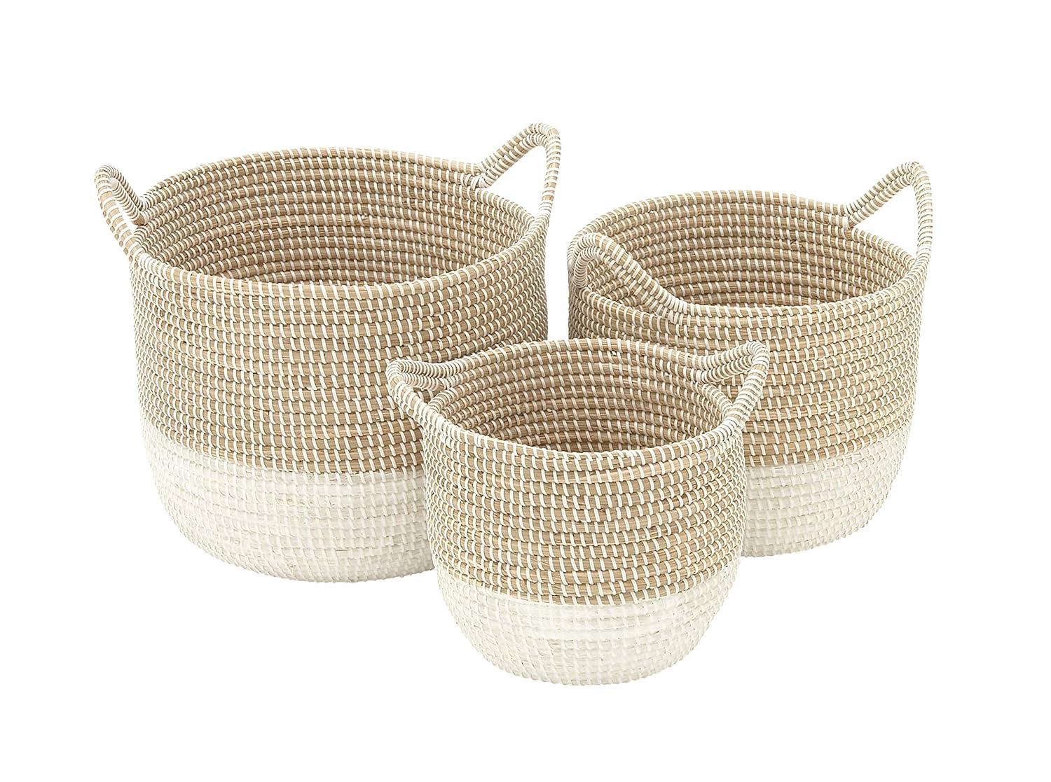 CosmoLiving by Cosmopolitan 13", 16", 18"W Brown Seagrass Handmade Two Toned Storage Basket with Handles, 3-Pieces