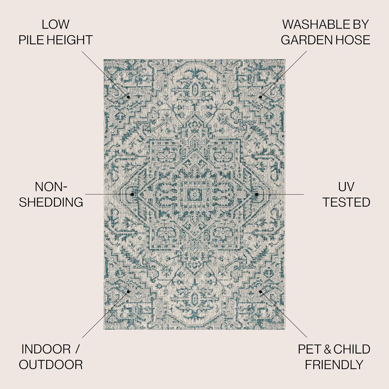 5' Square Estrella Bohemian Medallion Textured Weave Indoor/Outdoor Area Rug, Teal/Gray - JONATHAN Y