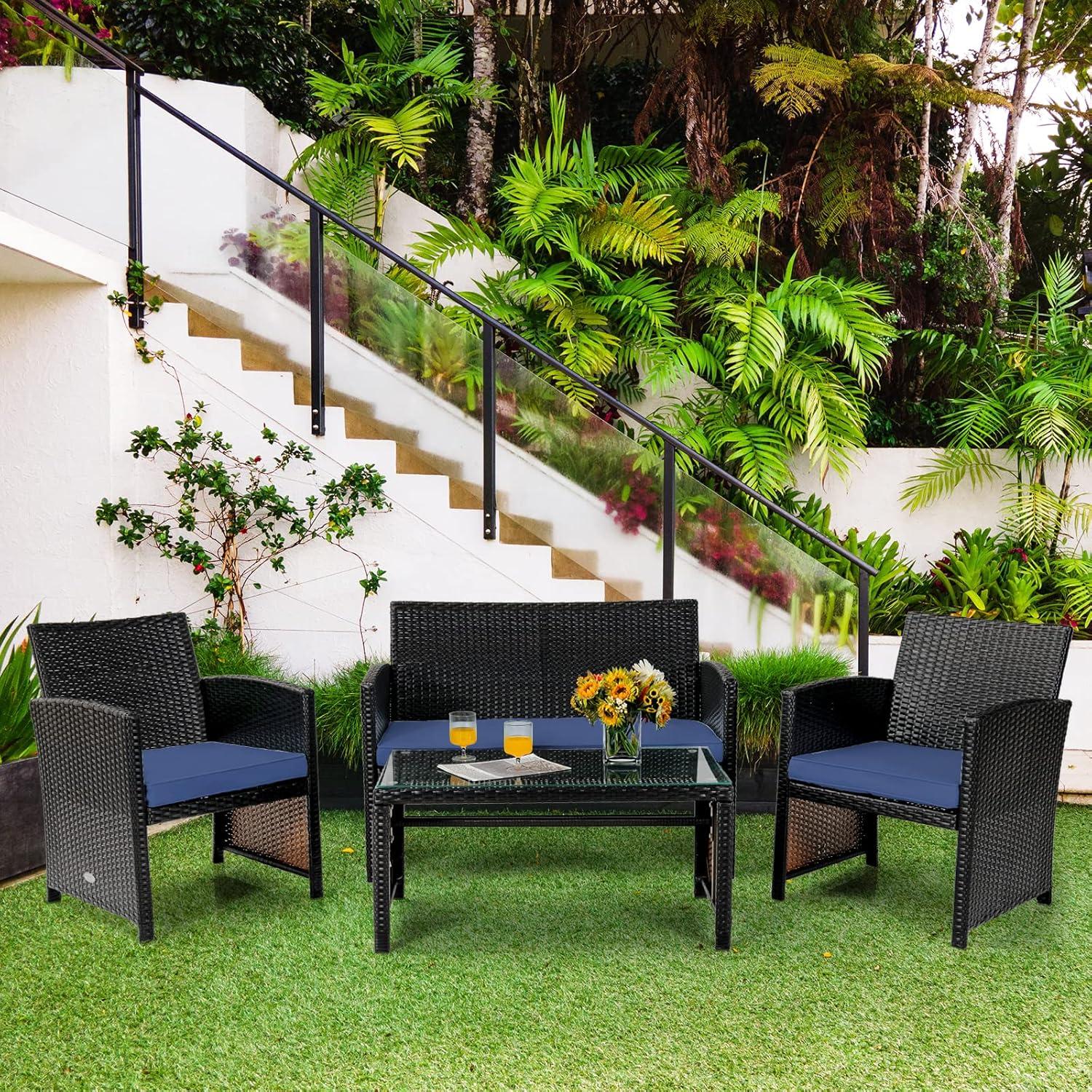 Resenkos 4 Pieces Outdoor Rattan Furniture Set, Wicker Furniture Sets, Patio Conversation Sets with Coffee Table Cushioned Sofa-Red