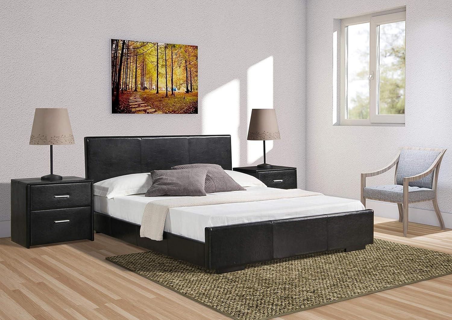 Abbey Queen Black Faux Leather Upholstered Platform Bed with Slats