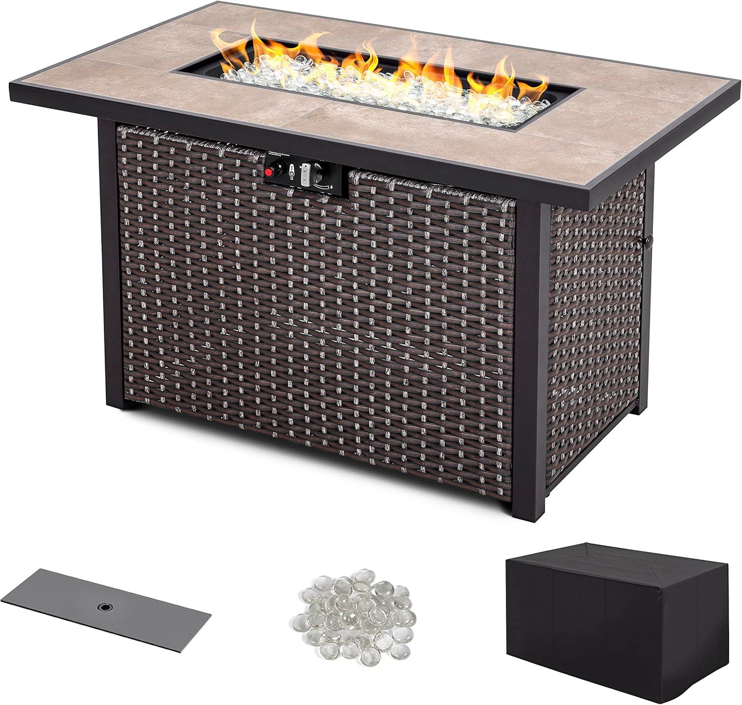 Nuu Garden 43’’ Outdoor Fire Pit Table 50,000 BTU Rattan Fire Pit with Lid and Glass Beads, Brown