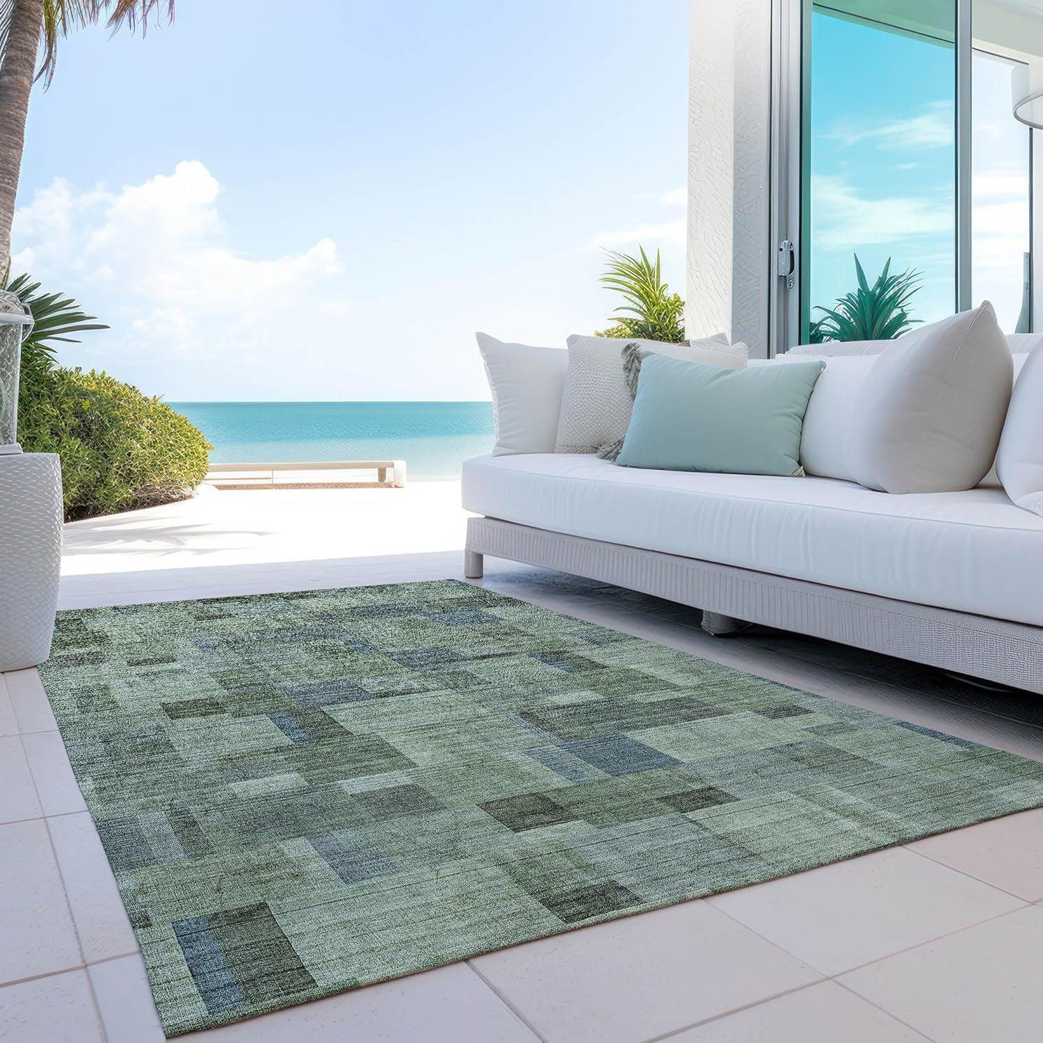 Green and Gray Synthetic Flat Woven Washable Area Rug