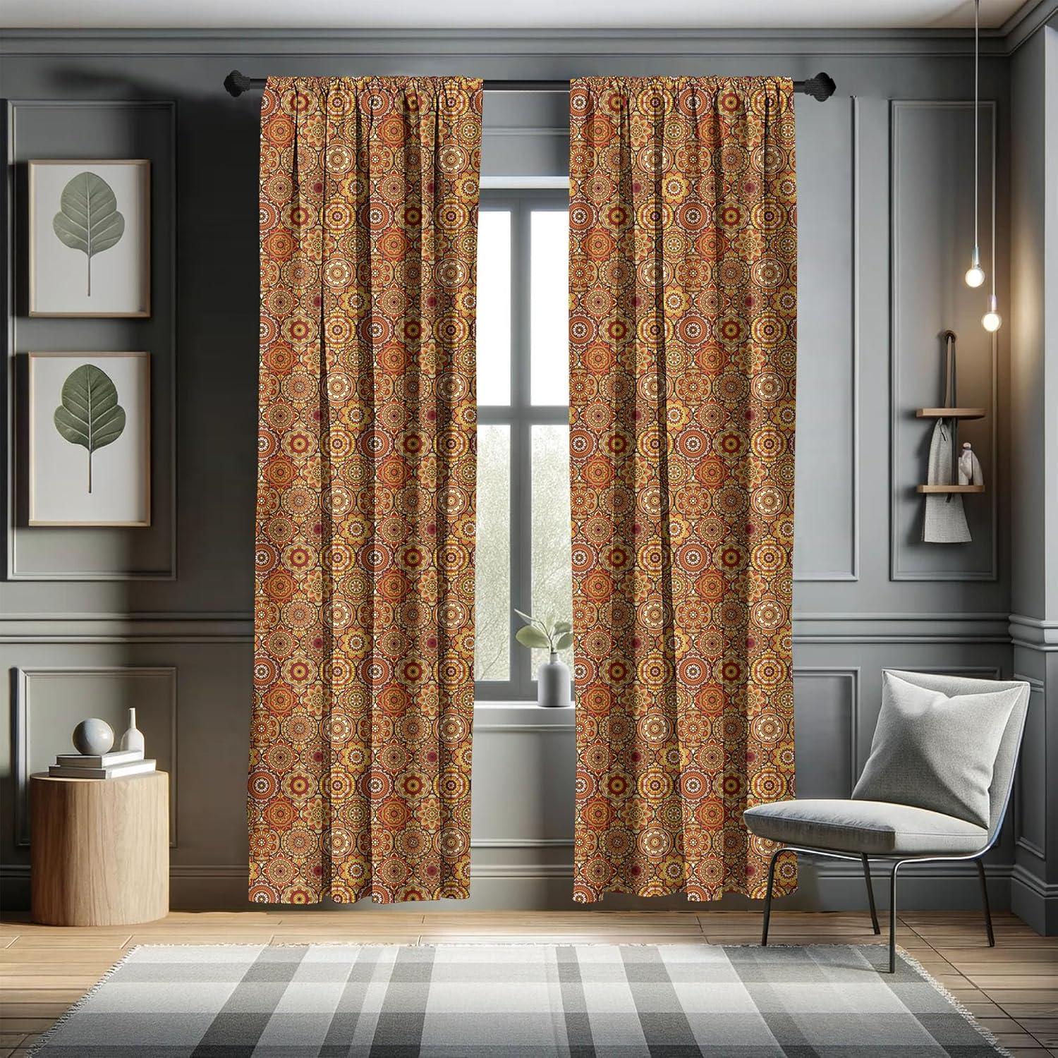 Ambesonne Moroccan Curtains, Floral Motifs Ottoman, Pair of 28"x84", Orange Yellow Brown