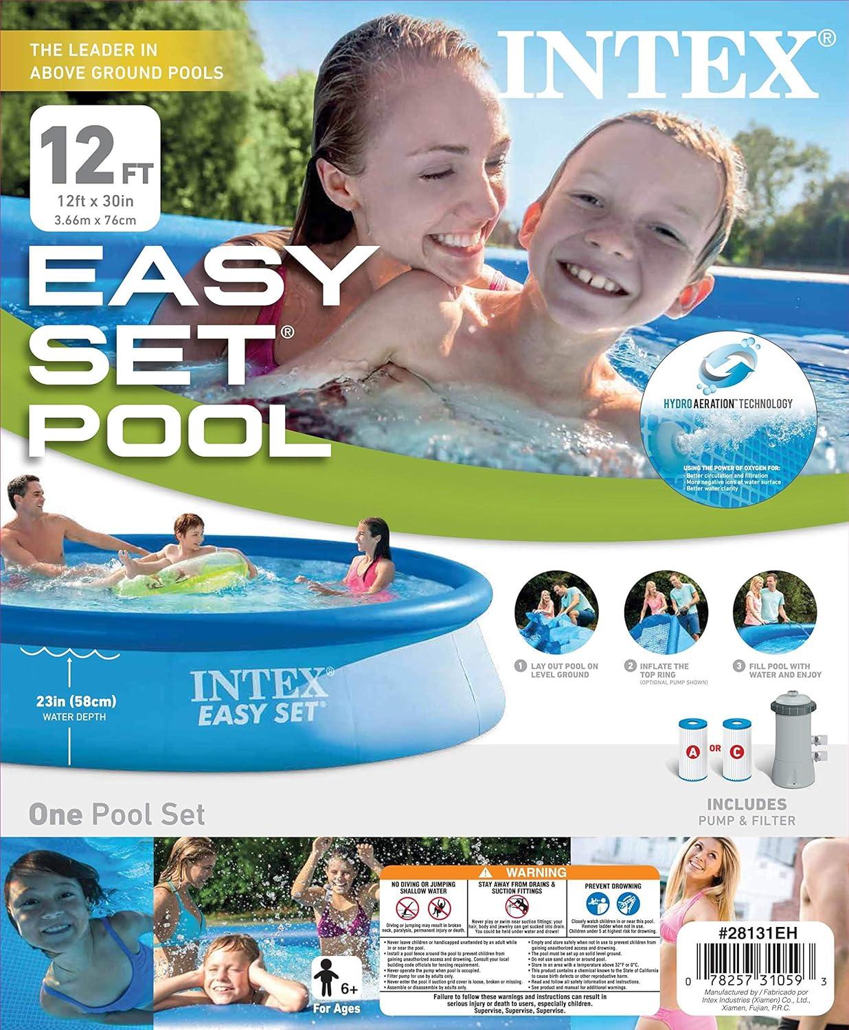 Intex Easy Set Inflatable Puncture Resistant Circular Above Ground Portable Outdoor Family Swimming Pool with Filter