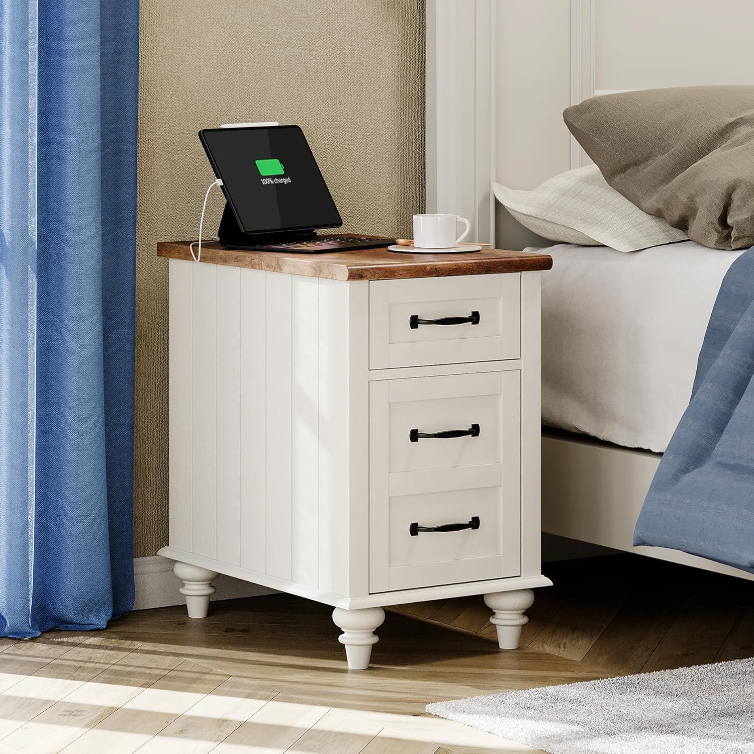 WAMPAT 2 Pack End Tables with Charging Station, Farmhouse Side Table with Drawer & Storage Cabinet, White Nightstand with Power Outlets & USB Ports for Living Room, Bedroom