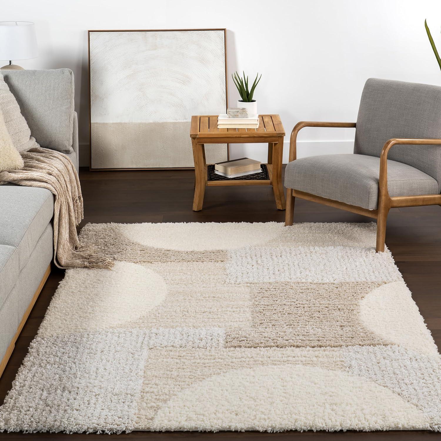 Beige and Cream Geometric High Pile Area Rug, 4' x 6'