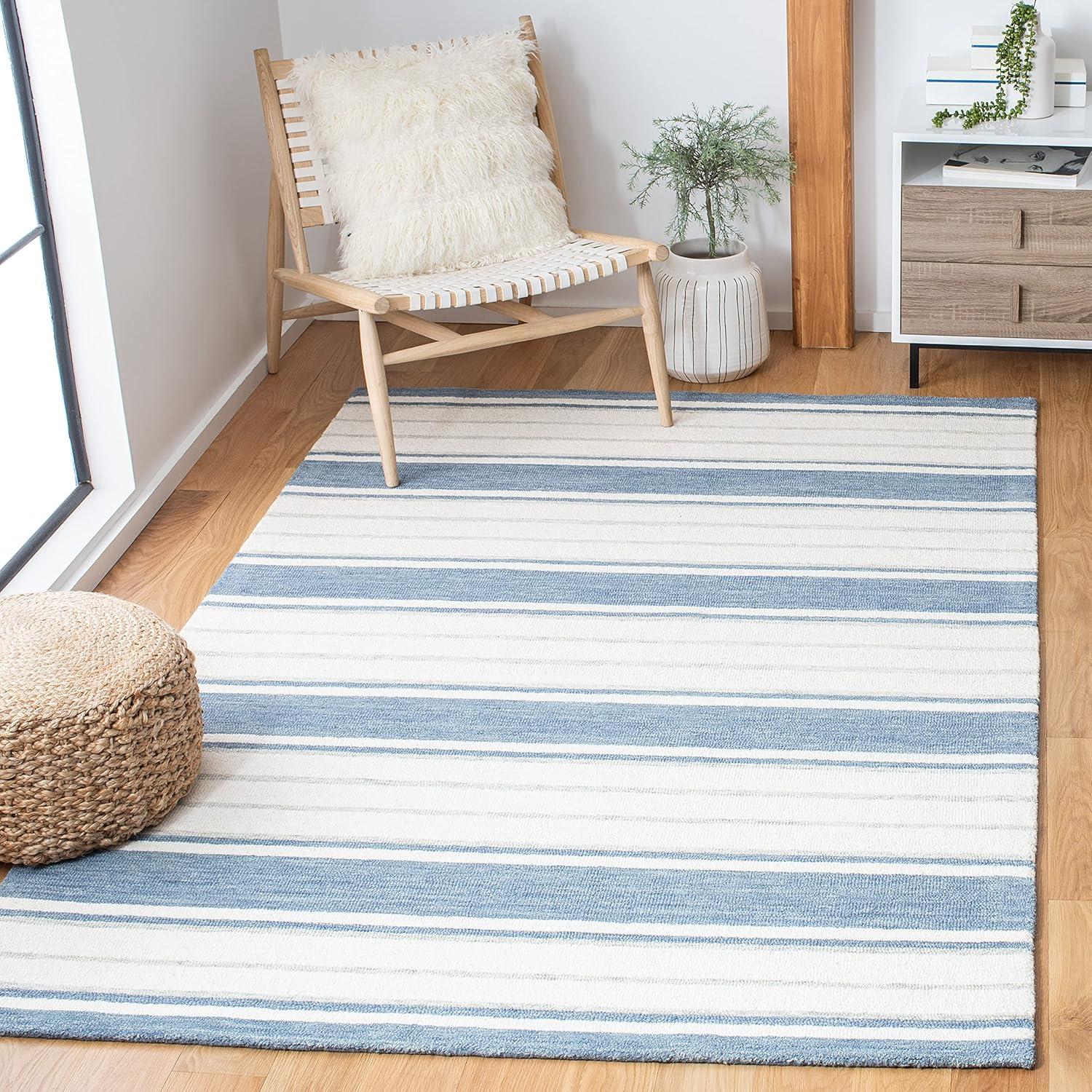 Blue and Ivory Hand-Tufted Wool Striped 4' x 6' Rug