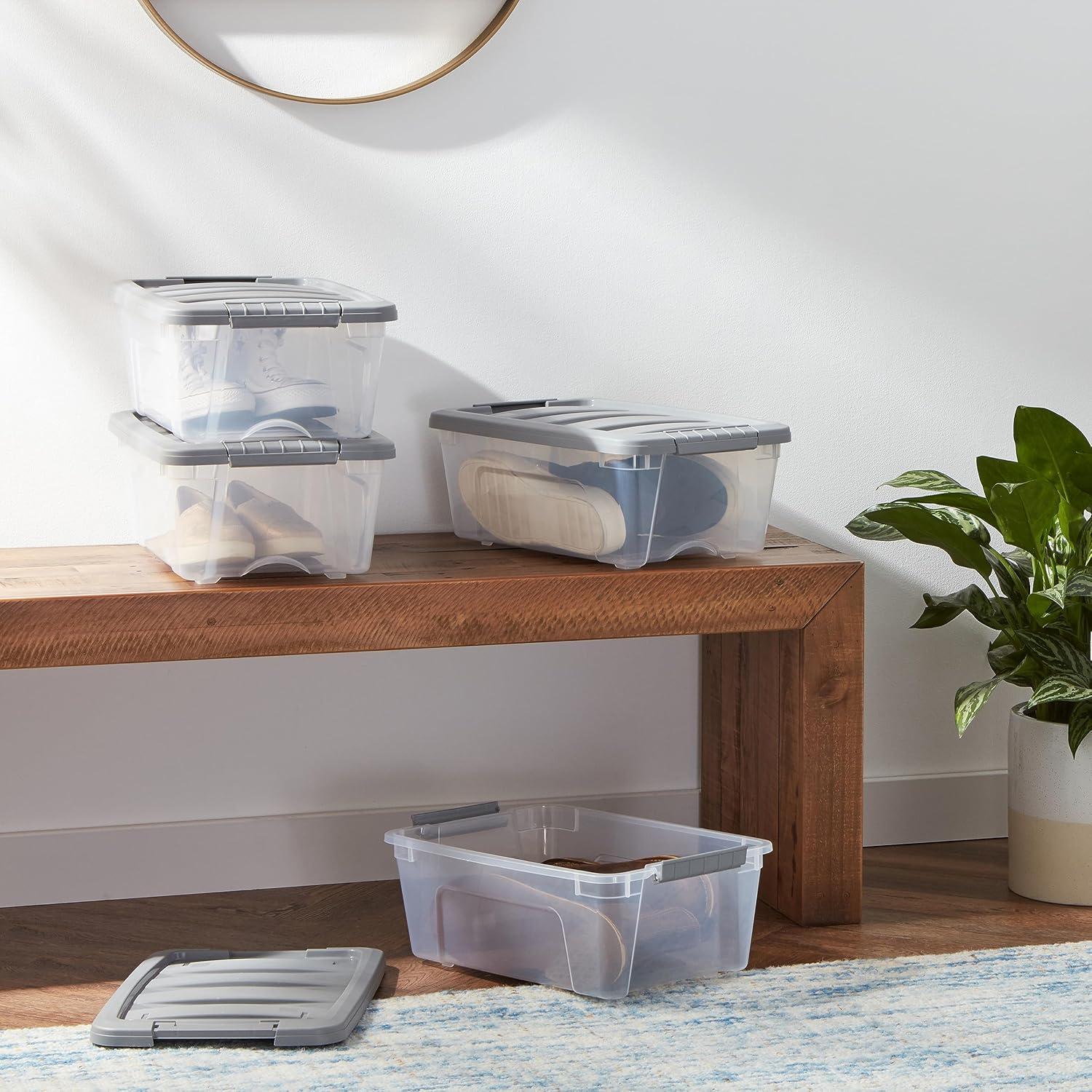 Clear and Gray Stackable Plastic Under Bed Storage Bins with Lids, 12 Quart, Set of 6