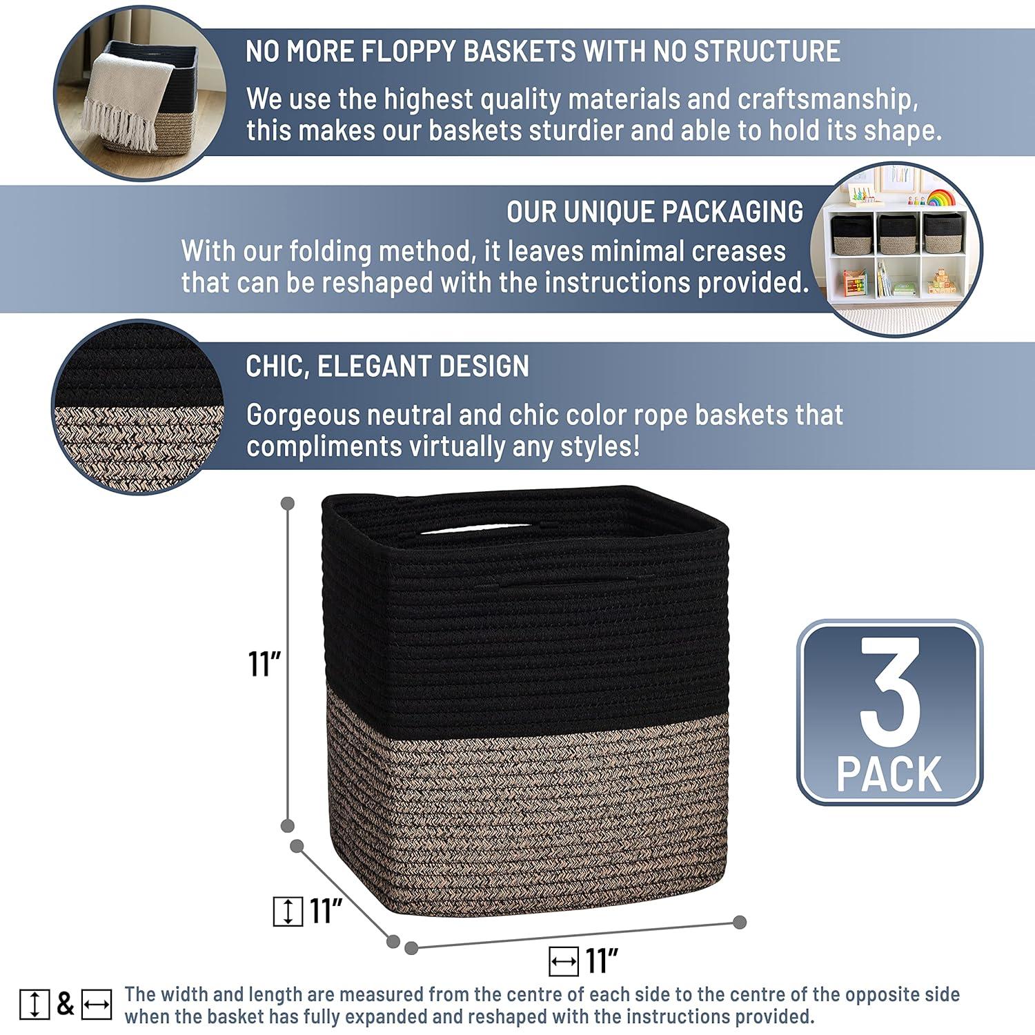 Storage Cube Baskets for Organizing-3 Pack - 11 inch Square Baskets for Cube Storage Closet Storage Bins- Woven Cube Storage Bins for Shelves- Cube Drawer-Toy Storage |White & Black