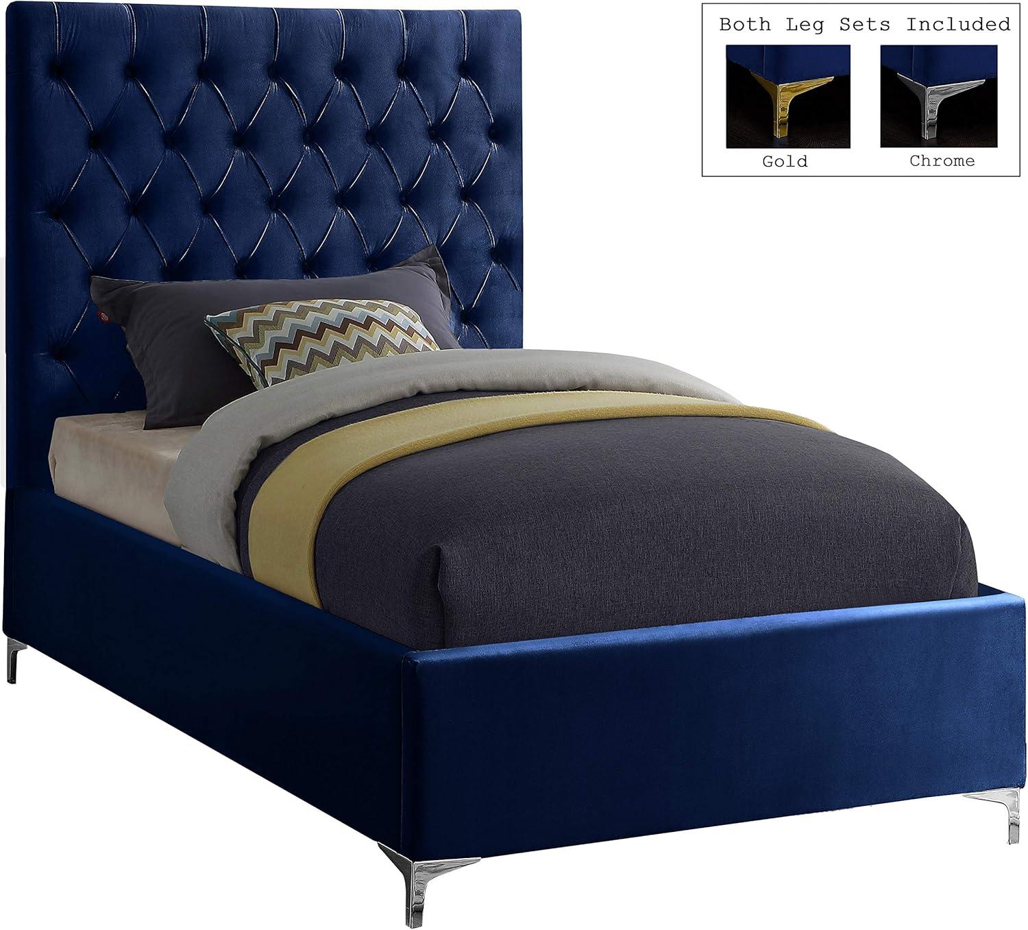 Meridian Furniture Cruz Solid Wood Tufted Velvet Queen Bed in Navy