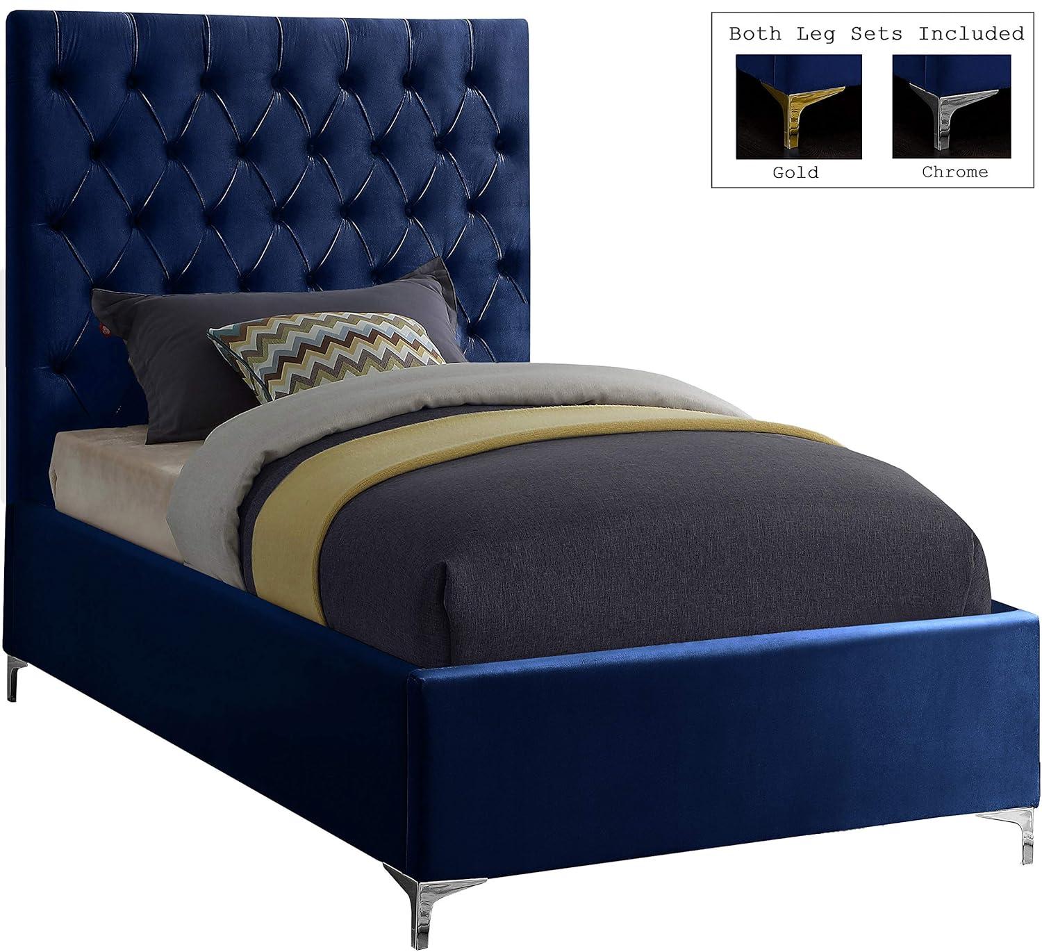 Meridian Furniture Cruz Solid Wood Tufted Velvet Queen Bed in Navy