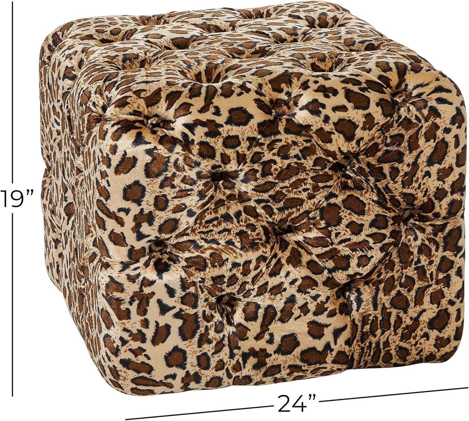 Chic Leopard Print Tufted Footstool in Brown Cotton 18"x19"