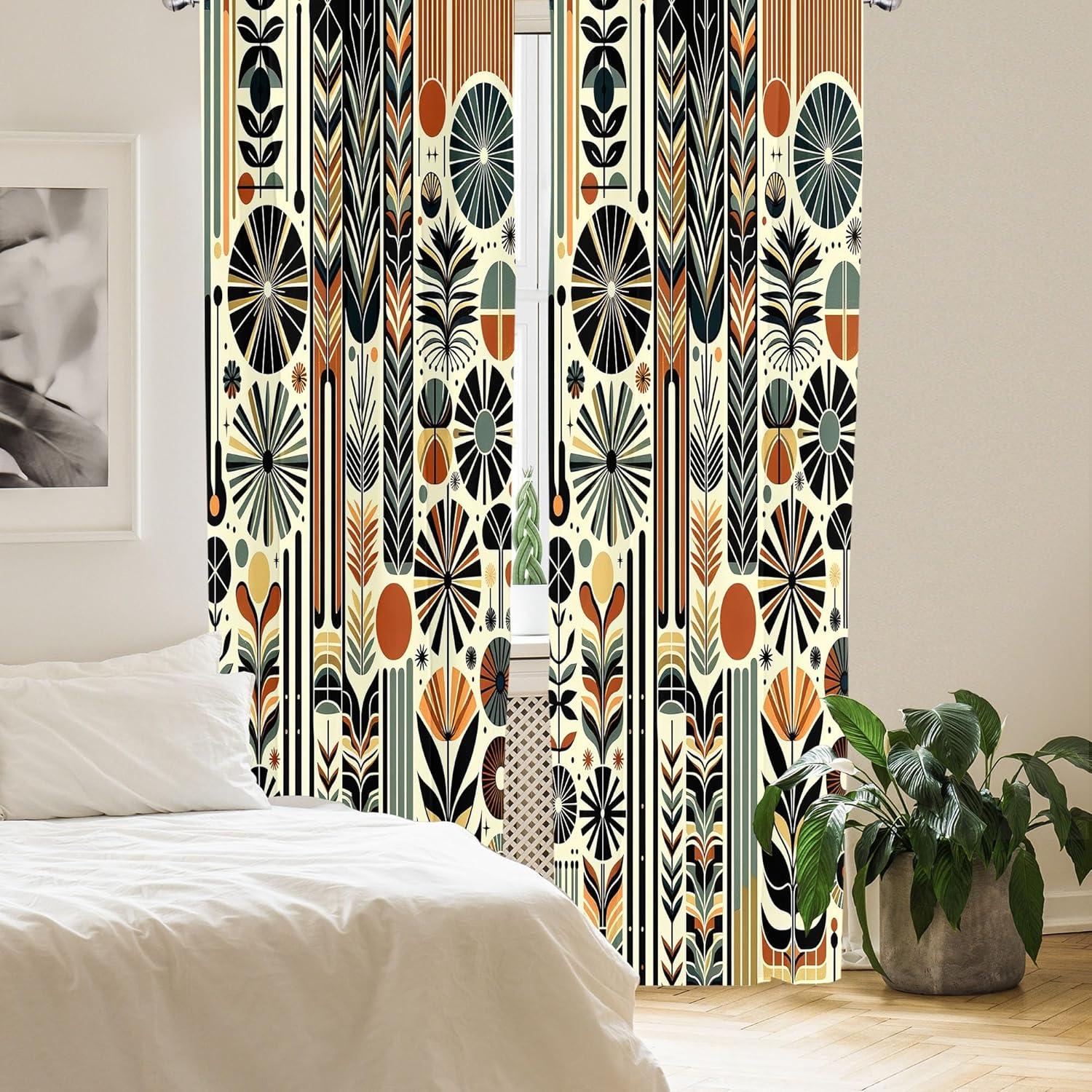 Ambesonne Bohemian Curtains 2 Panel Set, Retro Mid Century Abstract, Pair of - 28" x 95", Dark Orange and Reseda Green