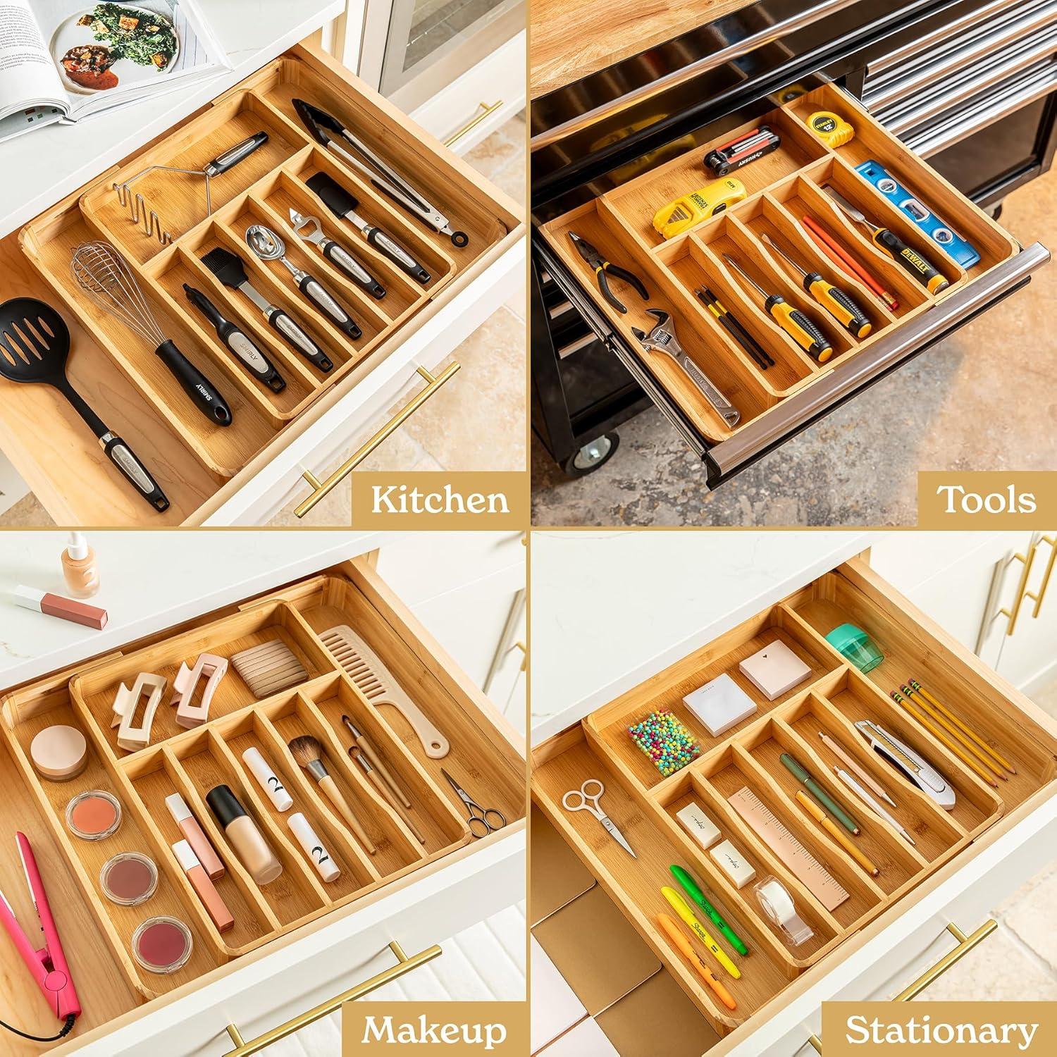 SMIRLY 8-Slot Bamboo Kitchen Drawer Organizer Expandable Utensil Tray for Drawers