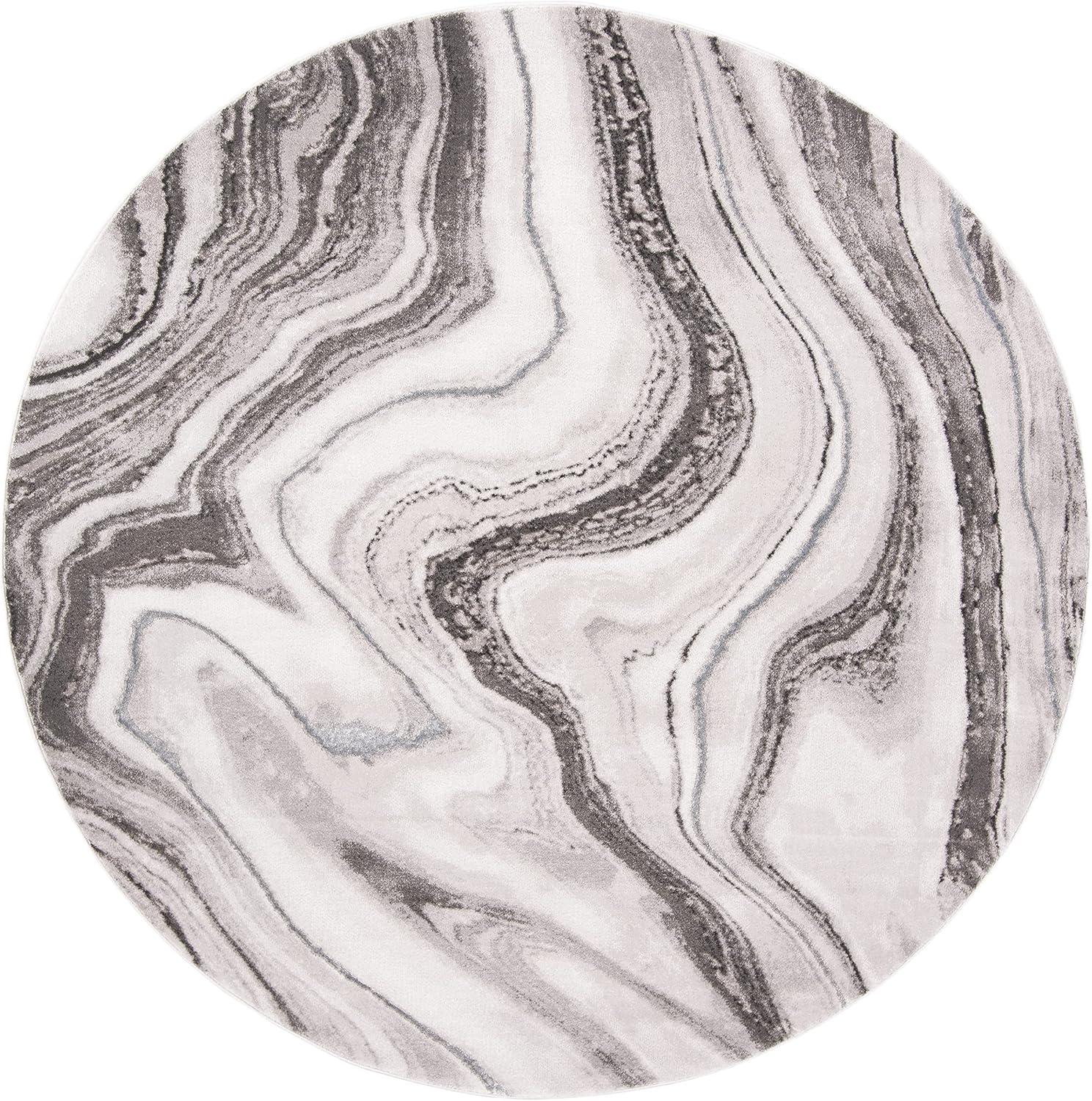 Grey and Silver Round Abstract Synthetic Area Rug