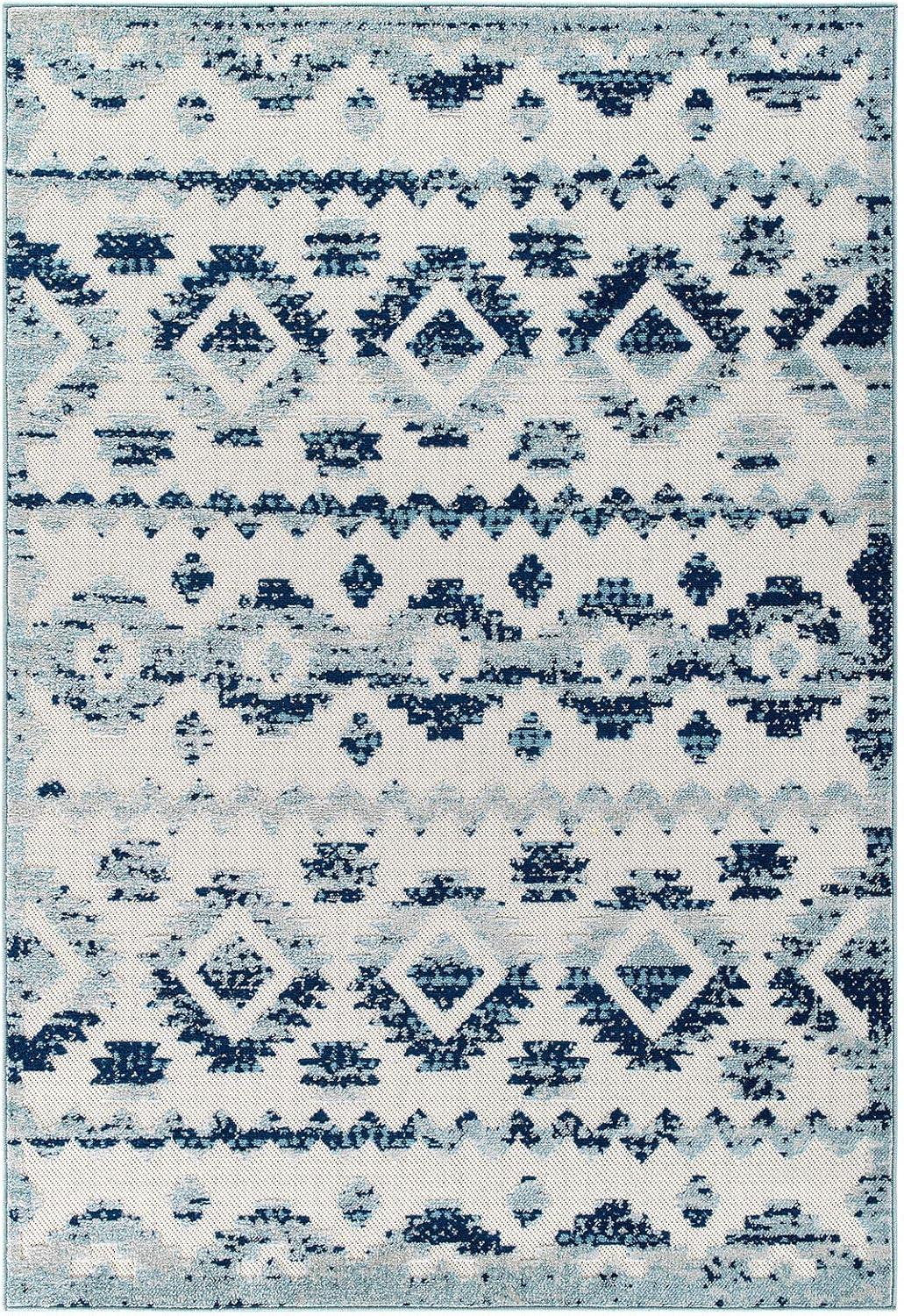 Ivory and Blue Trellis 8' x 10' Synthetic Easy-Care Area Rug